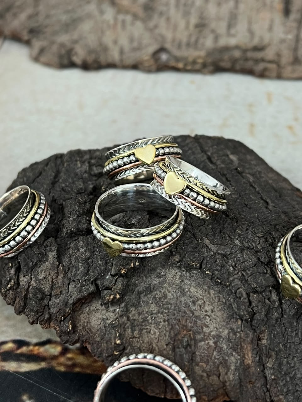 Handmade Sterling Silver With Brass and Copper Heart Spinner Ring Signed Nizhoni