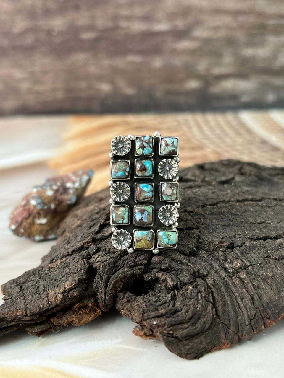 Handmade Sterling Silver Matrix Golden Hills Turquoise Adjustable Ring "Signed Nizhoni"