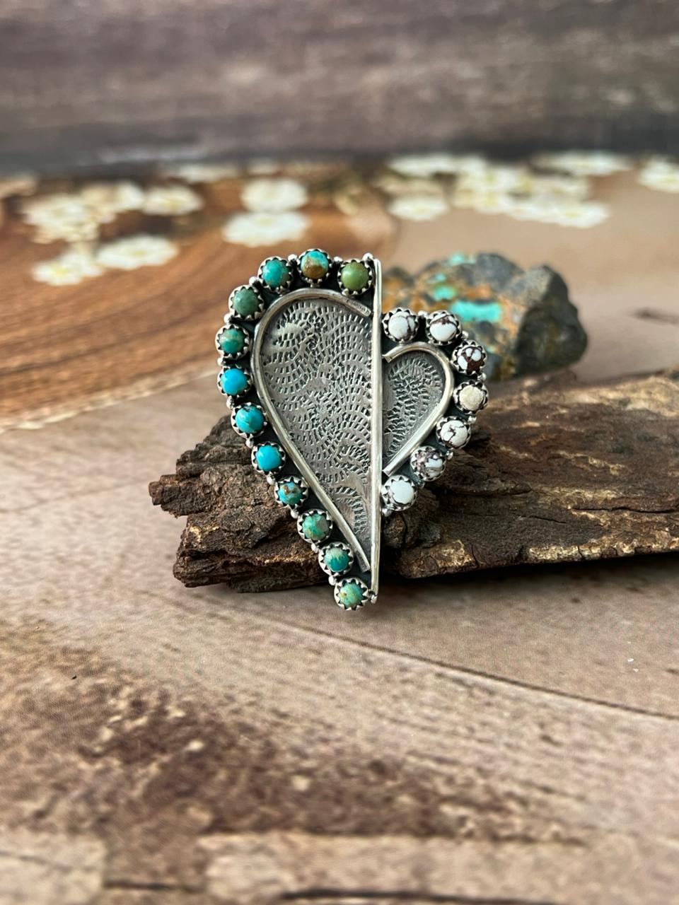 Handmade Sterling Silver Mama Collection: Wild horse Magnesite with Kingman Turquoise Adjustable Rings "Signed Nizhoni"