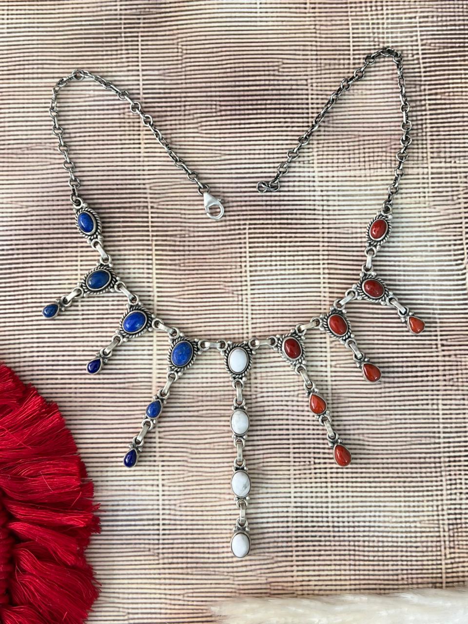 Handmade Sterling Silver 4th Of July Collection: Coral with Lapis and White Buffalo Choker Necklace "Signed Nizhoni"