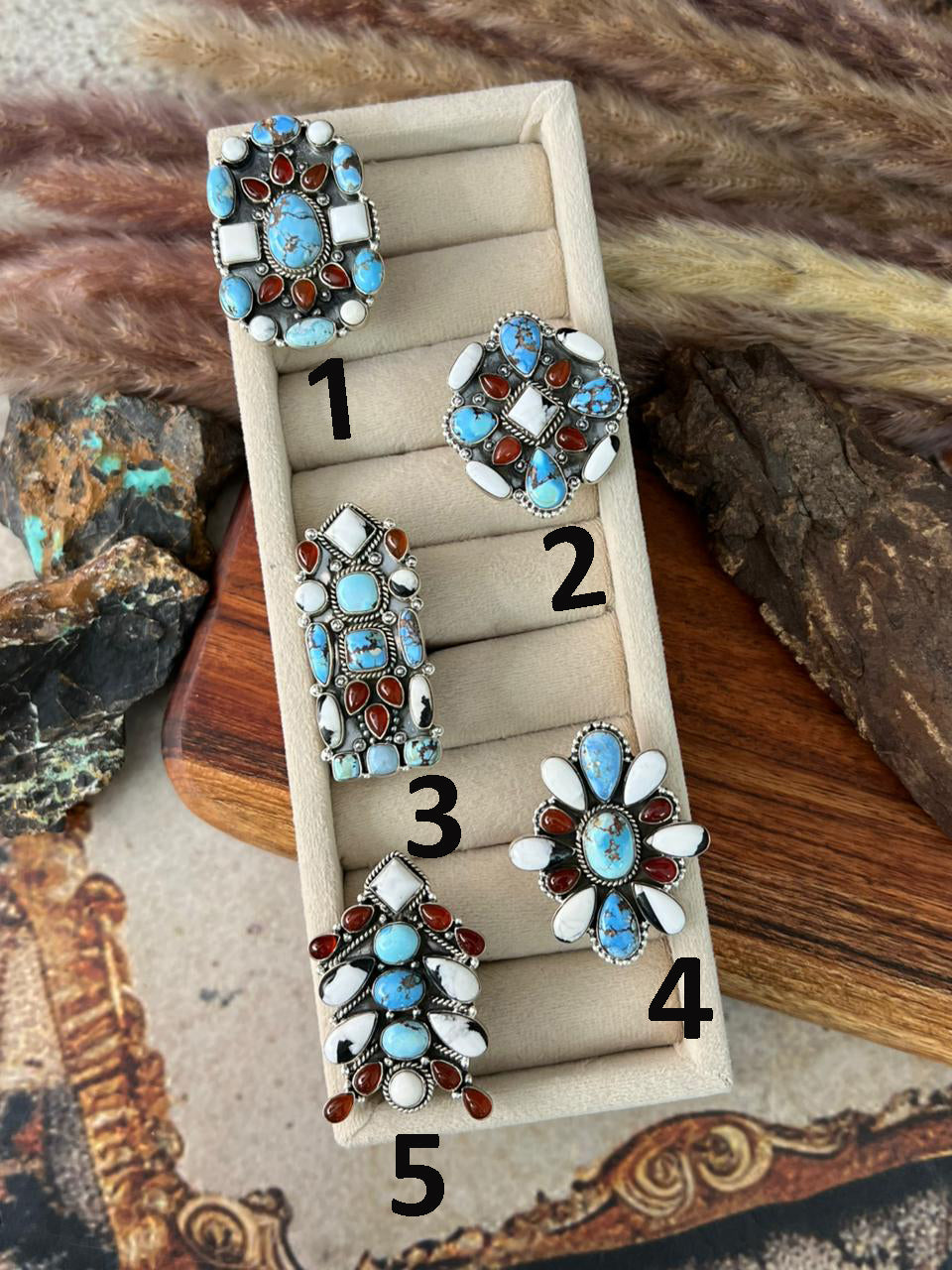 Handmade Sterling Silver Canyon Sunset Collection: Golden Hills Turquoise with White Buffalo and Carnelian Adjustable Ring "Signed Nizhoni"
