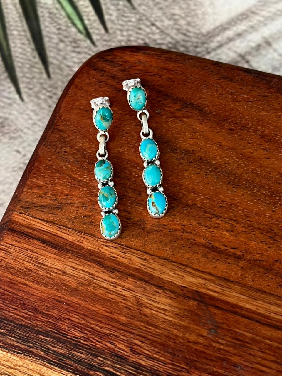 Handmade Sterling Silver Kingman Turquoise Post Dangle Earrings "Signed Nizhoni"