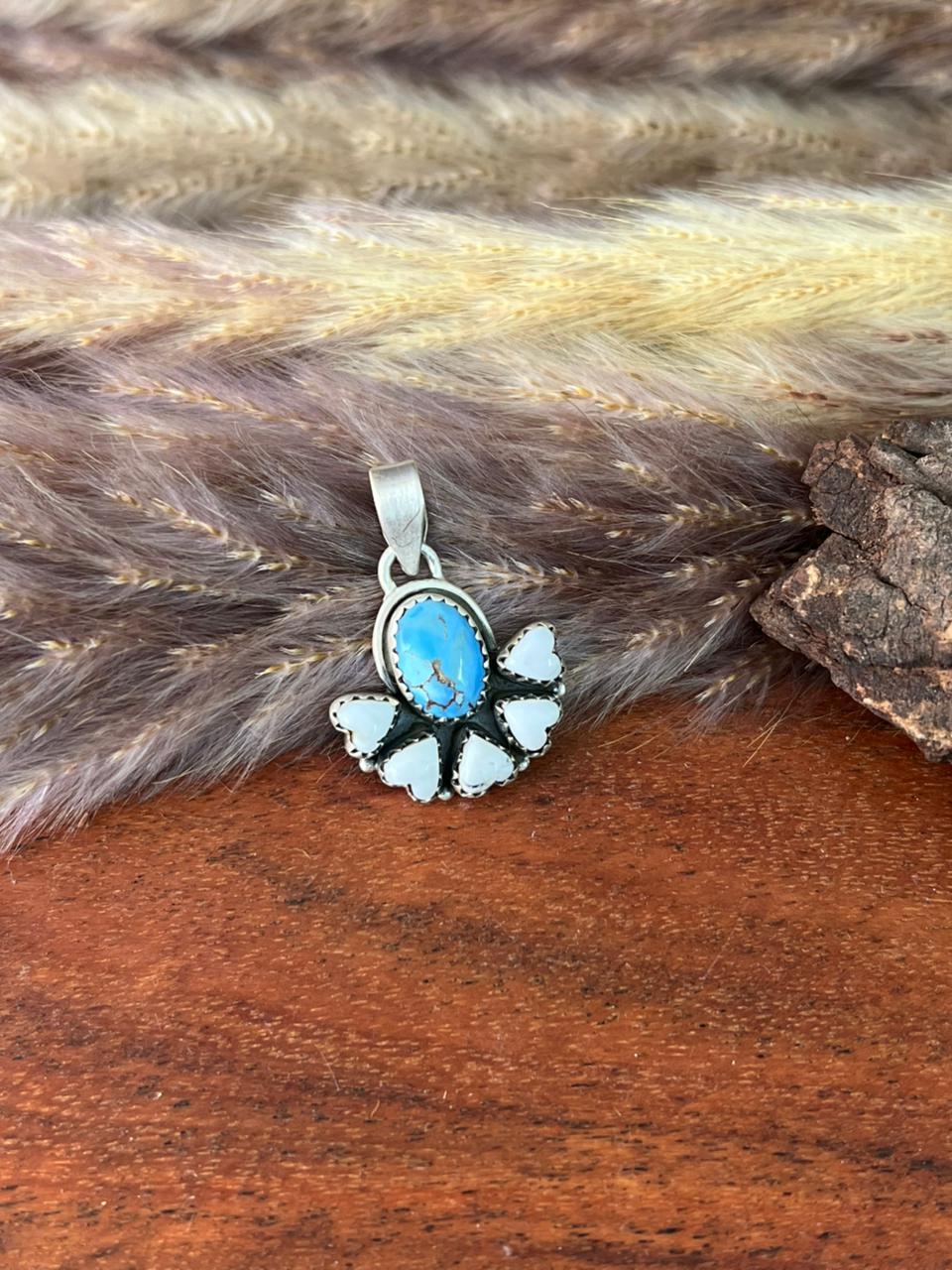 Handmade Sterling Silver Canyon Sunset Collection: Golden Hills Turquoise with White Buffalo Pendant "Signed Nizhoni" (1)