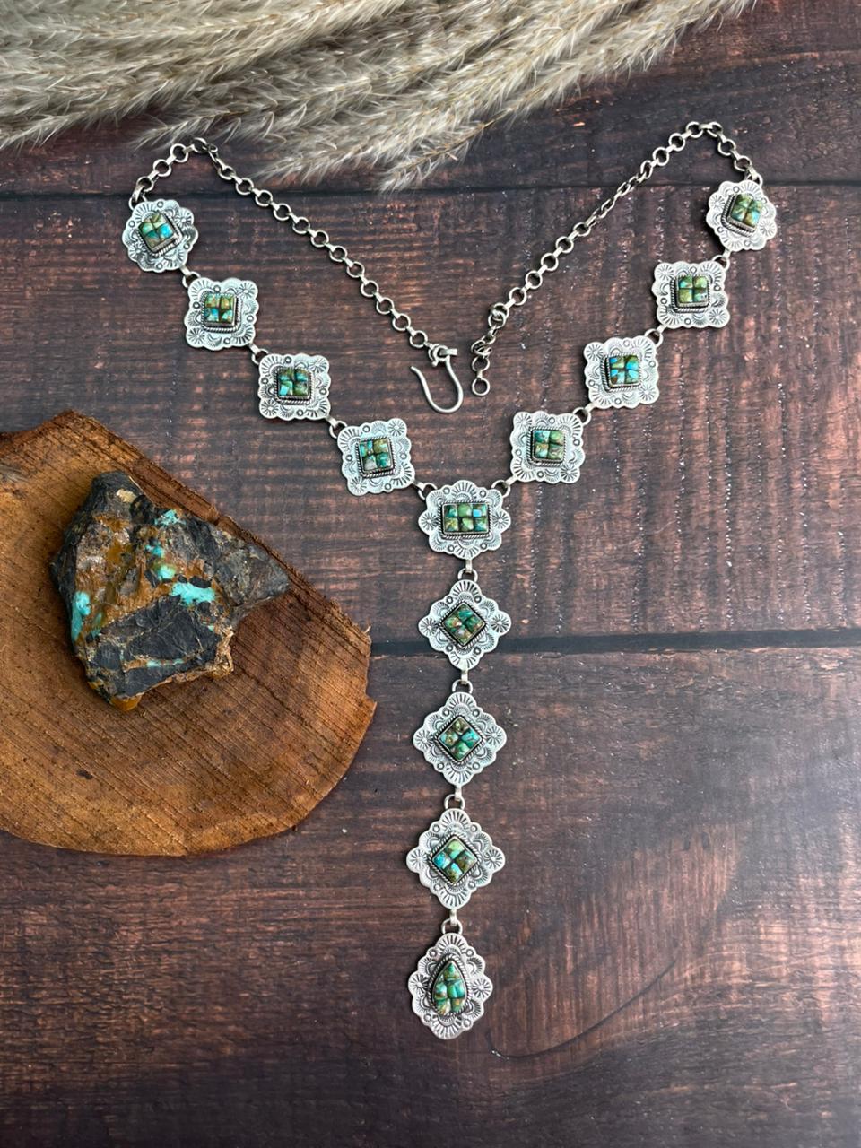 Handmade Sterling Silver Sonoran Cobble Collection: Sonoran Mountain Turquoise 'Y Shaped' Necklace "Signed Nizhoni"