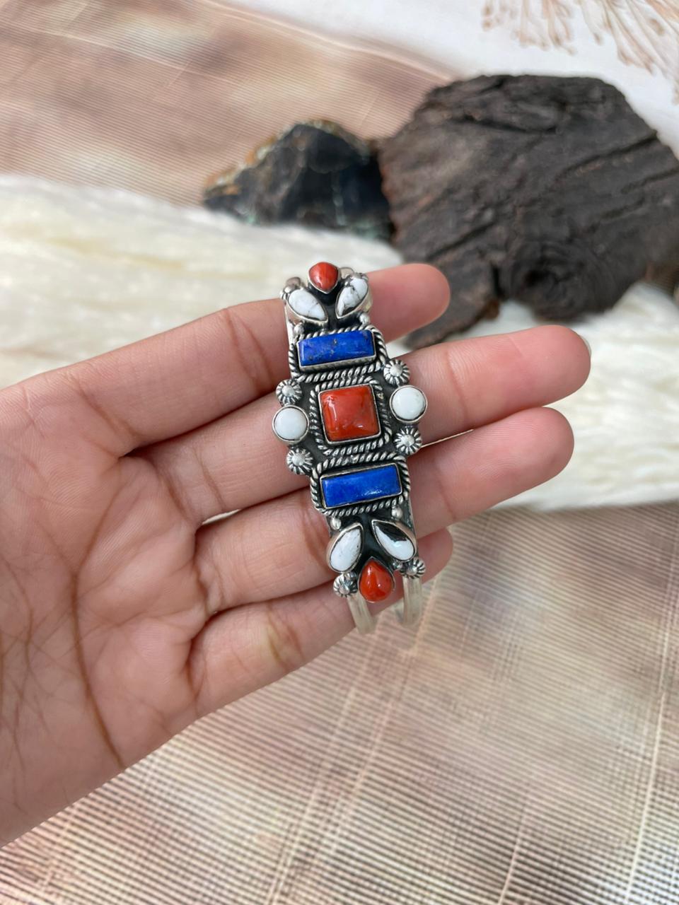 Handmade Sterling Silver 4th Of July Collection: Coral with Lapis and White Buffalo Cuff Bracelet "Signed Nizhoni"