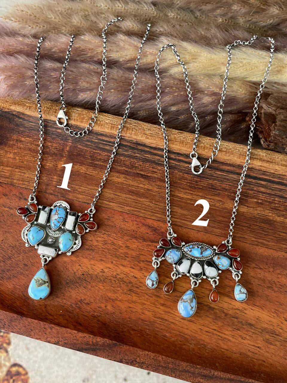Handmade Sterling Silver Canyon Sunset Collection: Golden Hills Turquoise with White Buffalo and Carnelian Necklace "Signed Nizhoni"