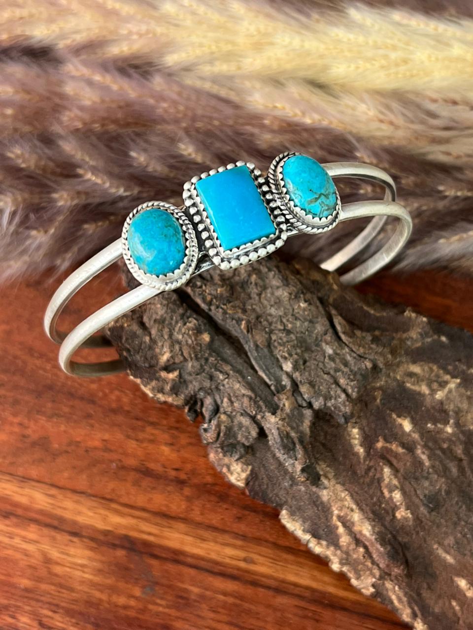 Handmade Sterling Silver Blue Kingman Turquoise Cuff Bracelet "Signed Nizhoni"
