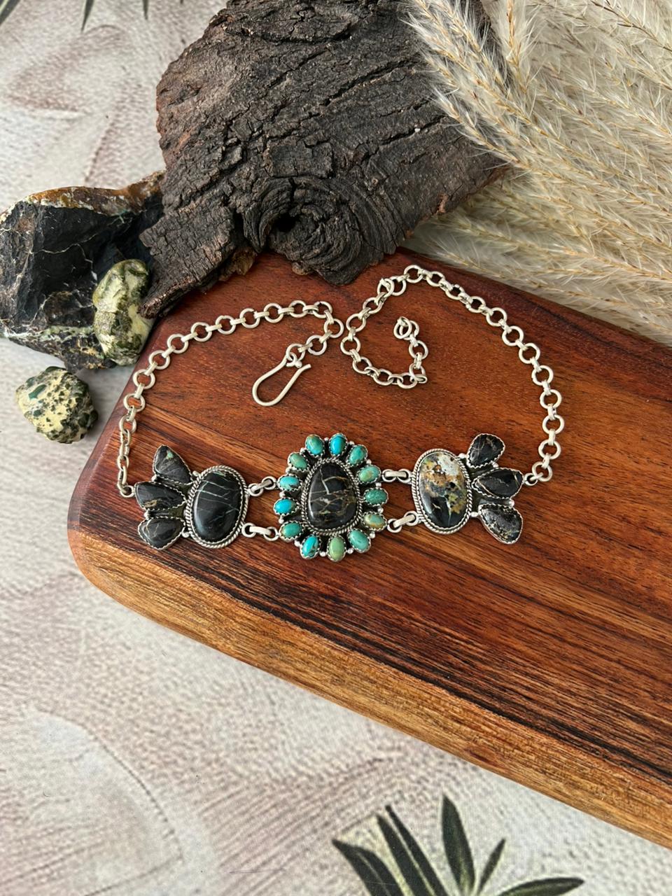 Handmade Sterling Silver Blackjack with Kingman Turquoise Choker Necklace "Signed Nizhoni"