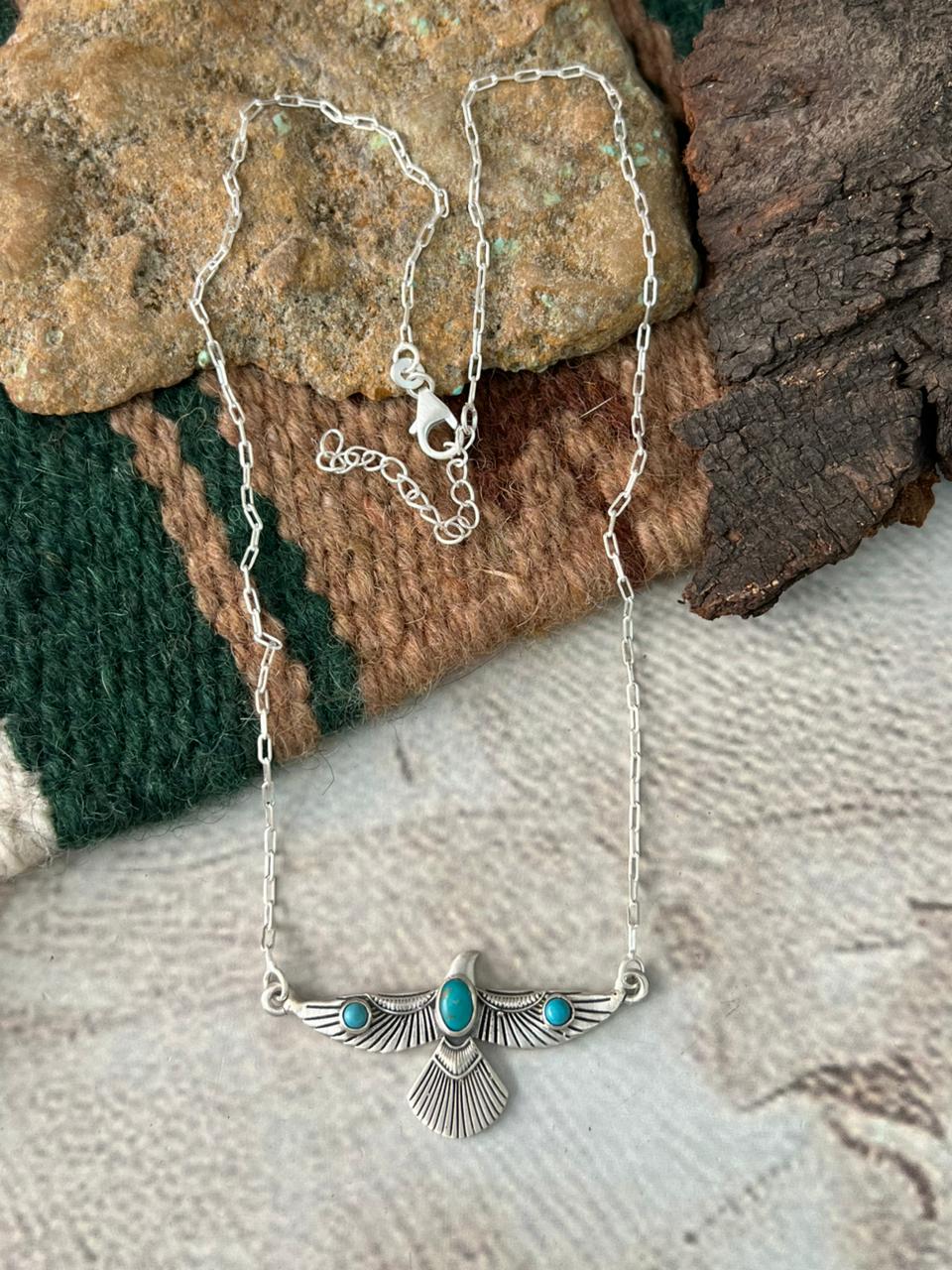 Handmade Sterling Silver Kingman Turquoise Thunderbird Necklace "Signed Nizhoni"