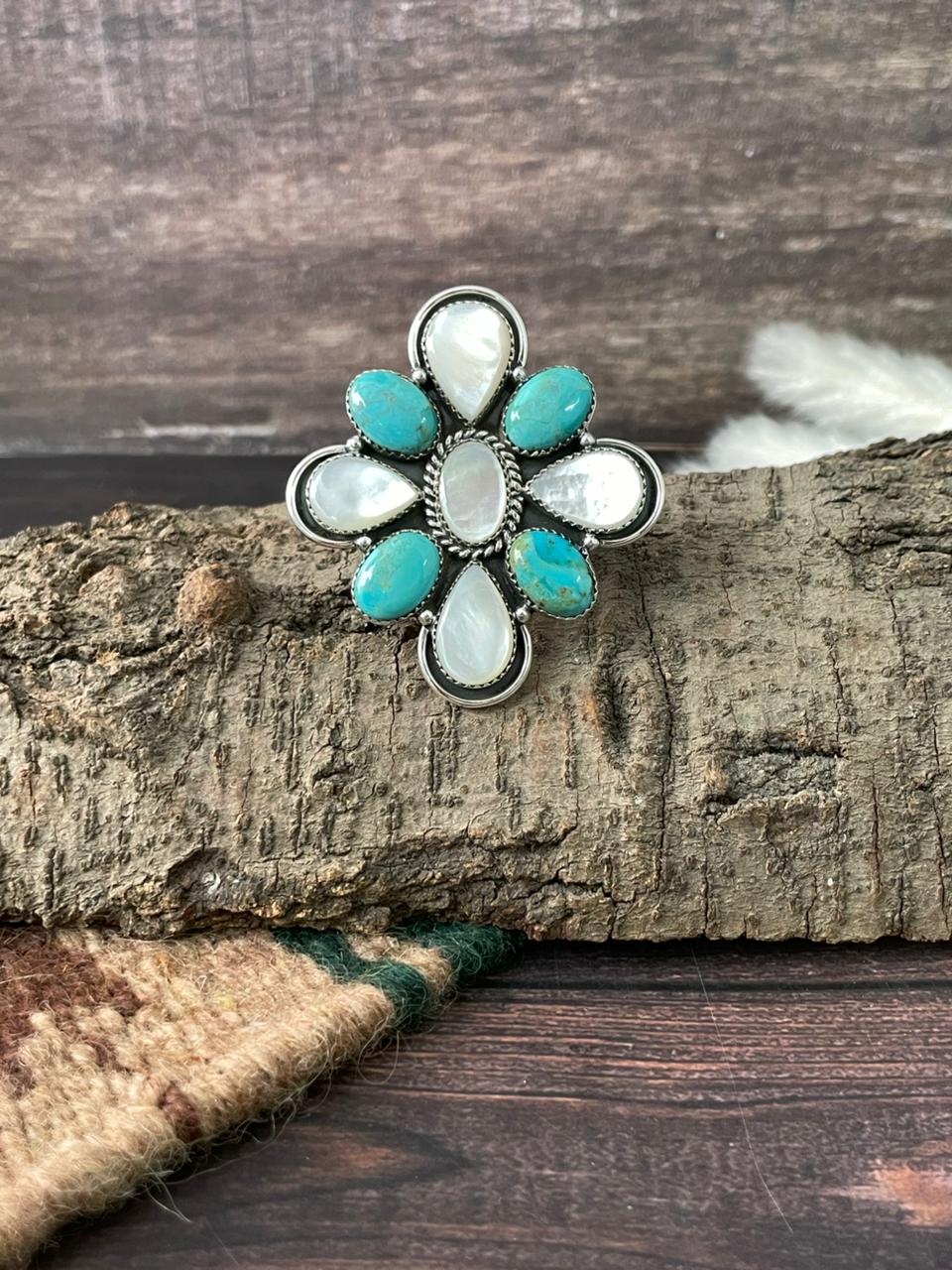 Handmade Sterling Silver Wedding Collection: Mother of Pearl with Kingman Turquoise Adjustable Ring "Signed Nizhoni"