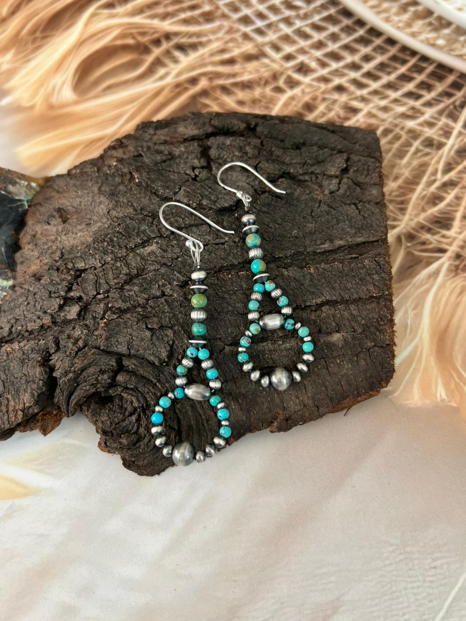 Handmade Sterling Silver Kingman Turquoise Hook Dangle Beaded Earrings