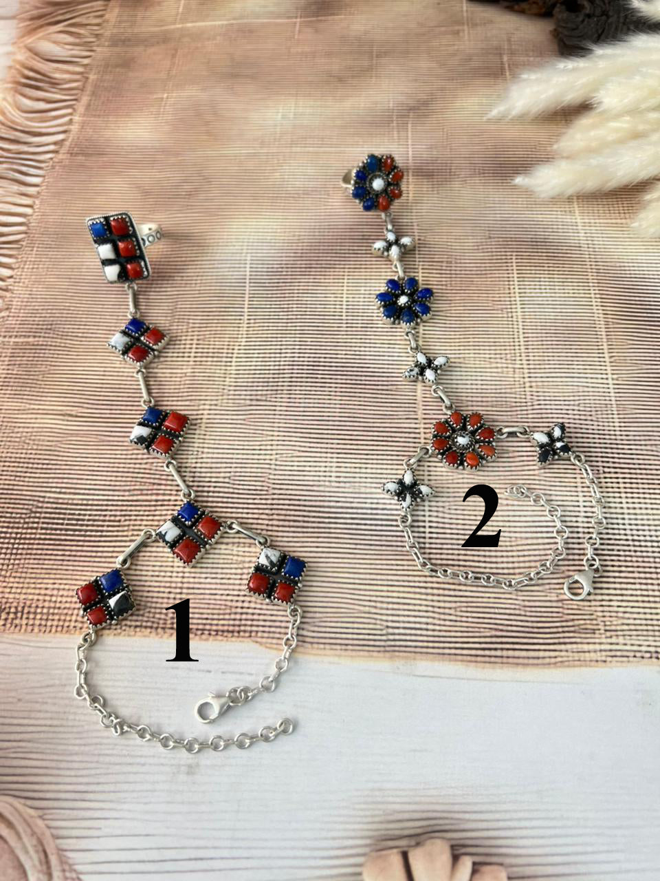 Handmade Sterling Silver 4th Of July Collection: Coral with Lapis and White Buffalo Hand Harness "Signed Nizhoni"