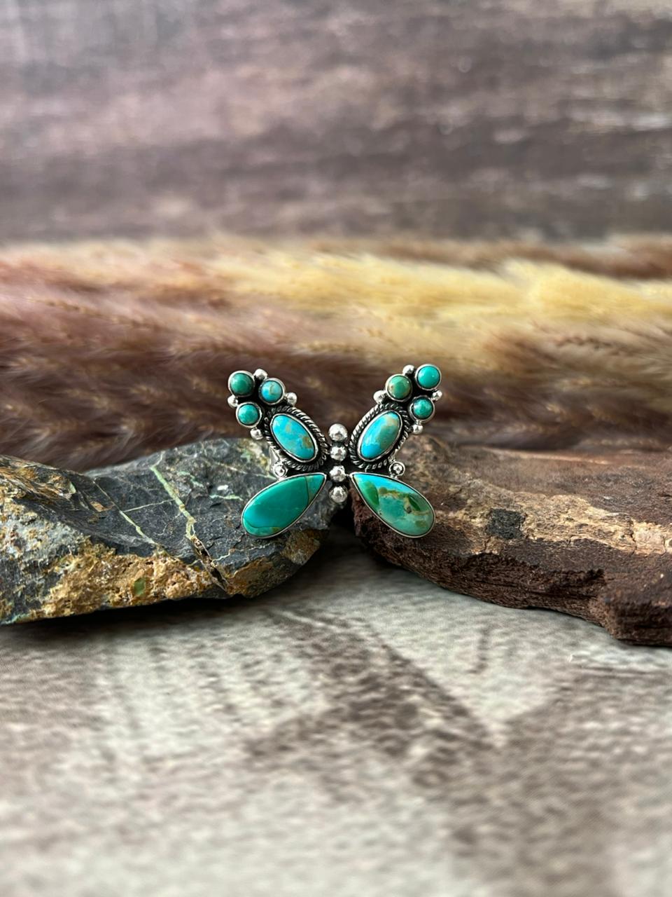 Handmade Sterling Silver Kingman Turquoise Adjustable Butterfly Ring "Signed Nizhoni"
