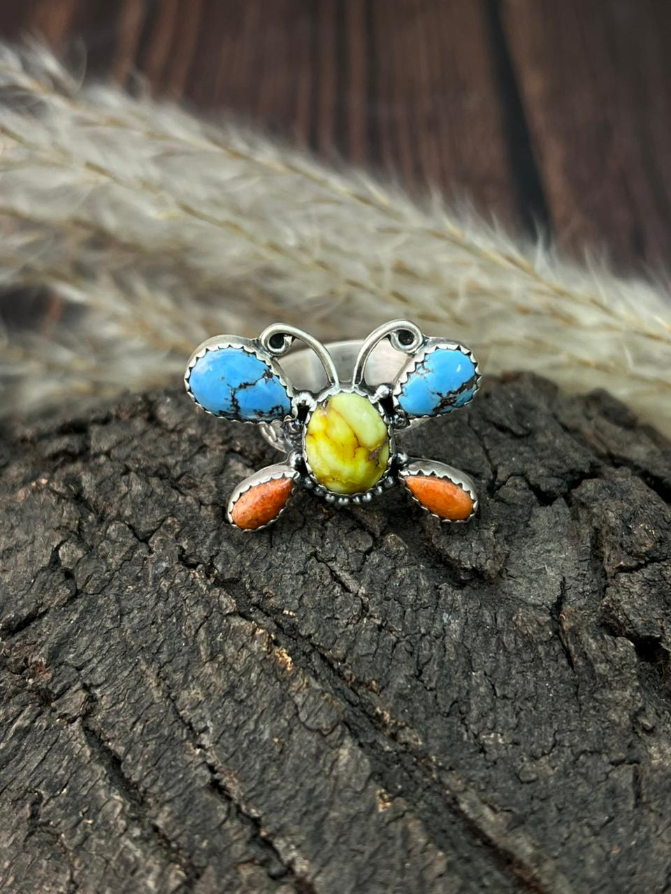 Handmade Sterling Silver Palomino with Golden Hills Turquoise and Orange Mojave Butterfly Adjustable Ring "Signed Nizhoni"
