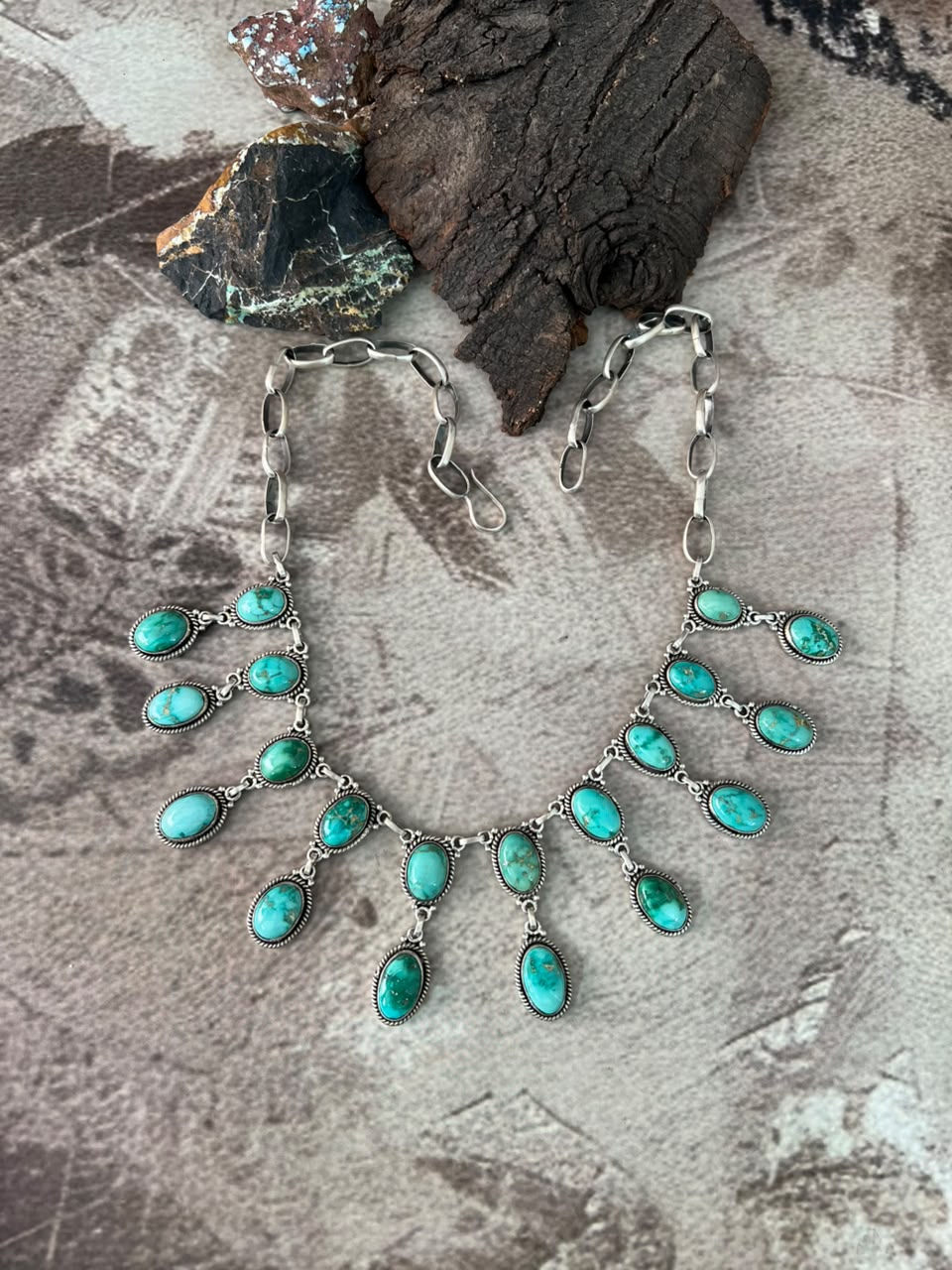 Handmade Sterling Silver Emerald Valley Turquoise Collection: Necklace Signed Nizhoni