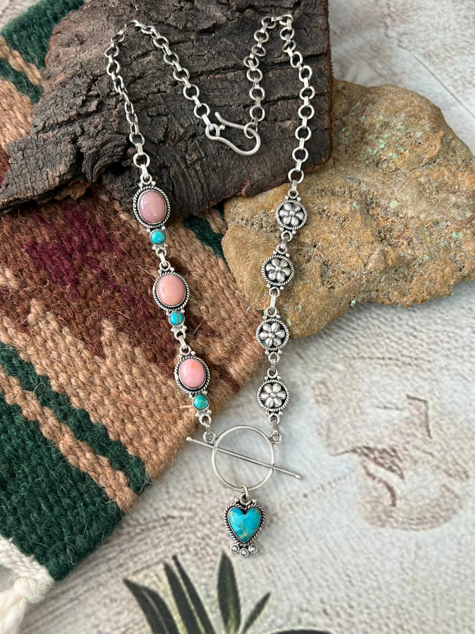 Handmade Sterling Silver Kingman with Pink Opal Necklace "Signed Nizhoni"