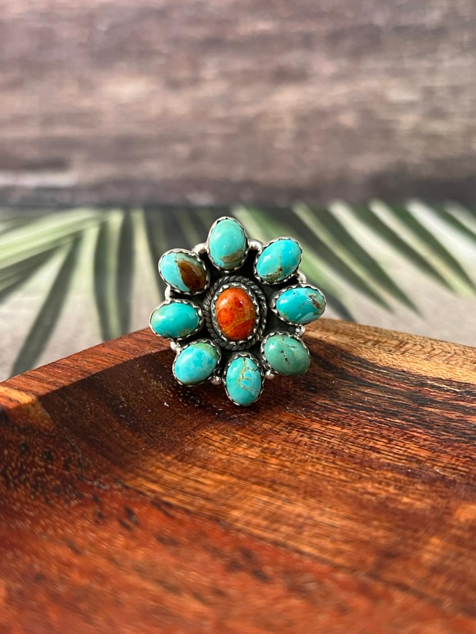Handmade Sterling Silver Kingman Turquoise with Orange Mojave Adjustable Ring "Signed Nizhoni"