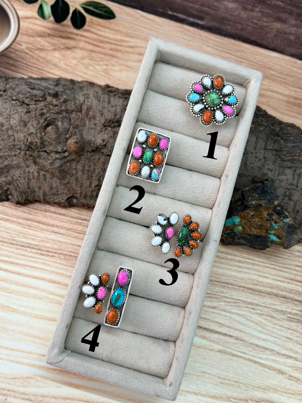 Handmade Sterling Silver Spring Collection: Sonoran Mountain with Orange Mojave, Cotton Candy and White Buffalo Adjustable Ring "Signed Nizhoni"