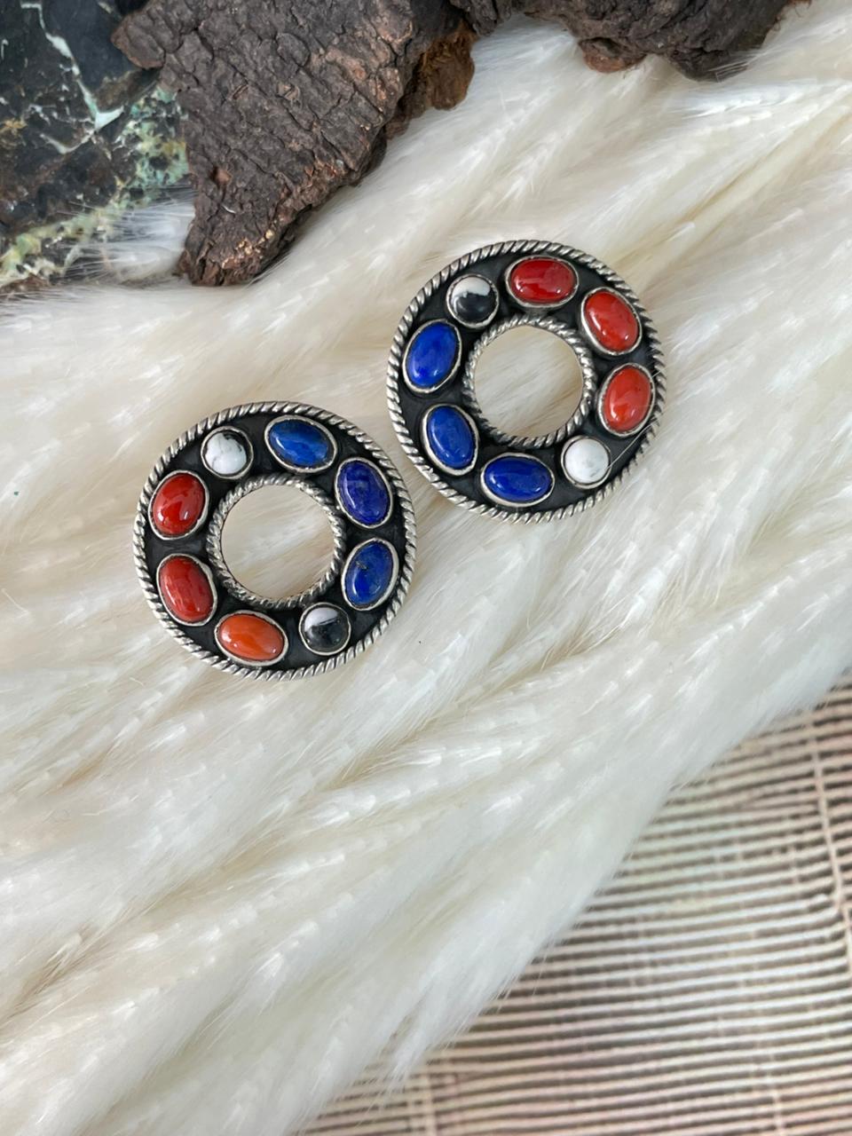 Handmade Sterling Silver 4th Of July Collection: Coral with Lapis and White Buffalo Post Studs Earrings "Signed Nizhoni"