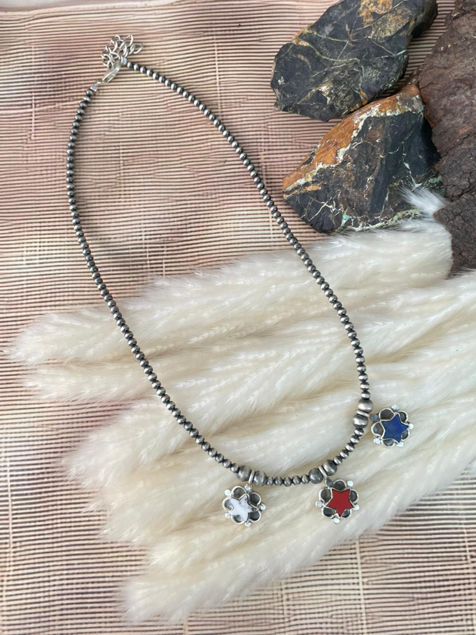 Handmade Sterling Silver 4th Of July Collection: Rosarita with Lapis and White Buffalo Beaded Necklace "Signed Nizhoni"