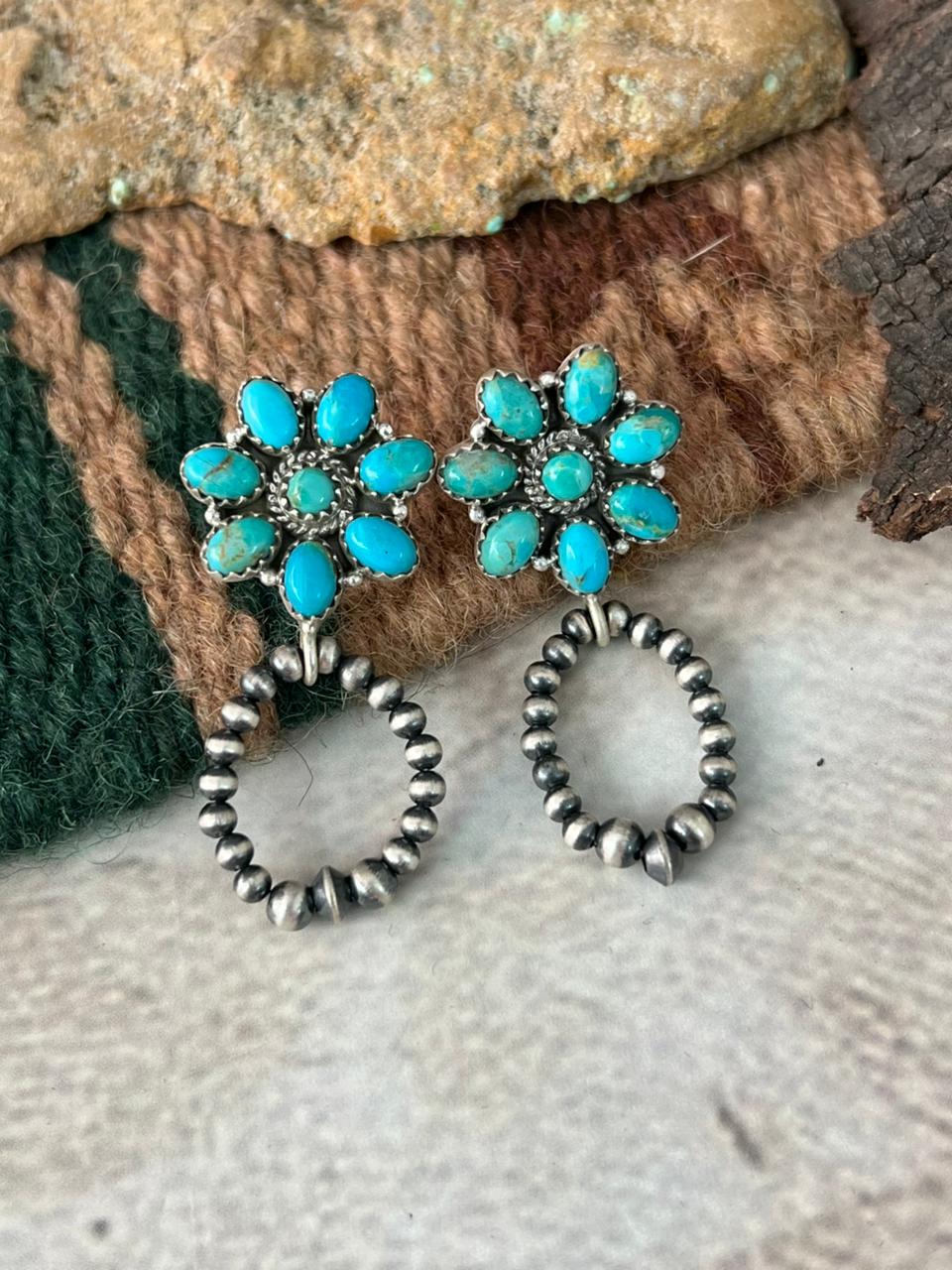 Handmade Sterling Silver Kingman Turquoise Post Dangle Beaded Earrings "Signed Nizhoni"