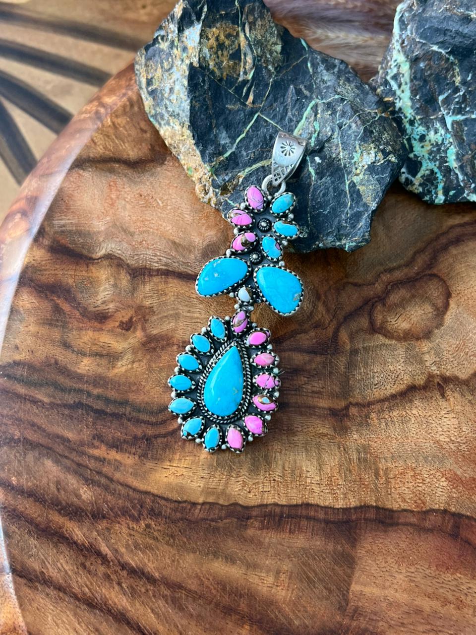Handmade Sterling Silver Sierra Bella Turquoise with Cotton Candy Collection: Pendant "Signed Nizhoni"
