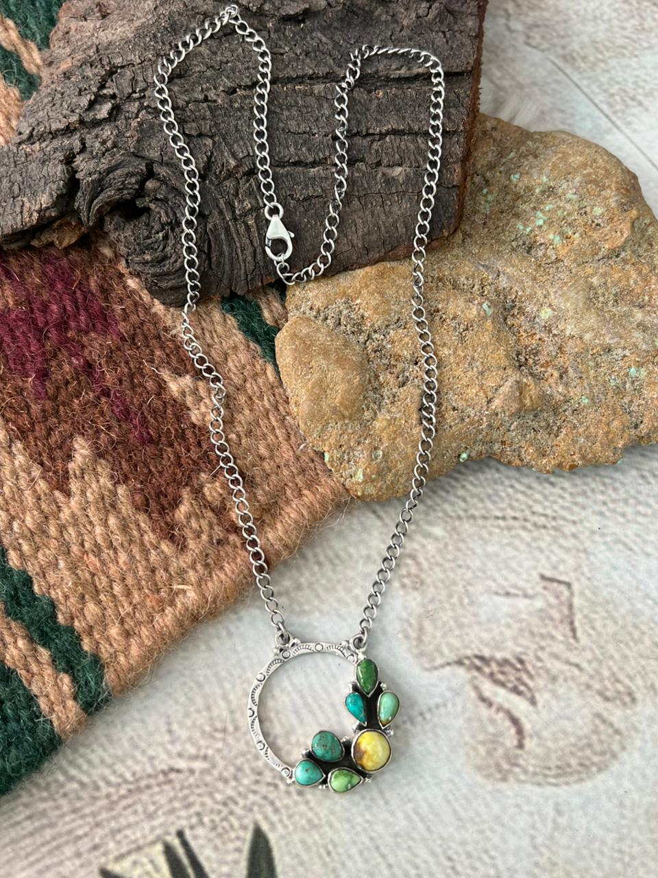 Handmade Sterling Silver Palomino with Emerald Valley Turquoise Necklace "Signed Nizhoni"