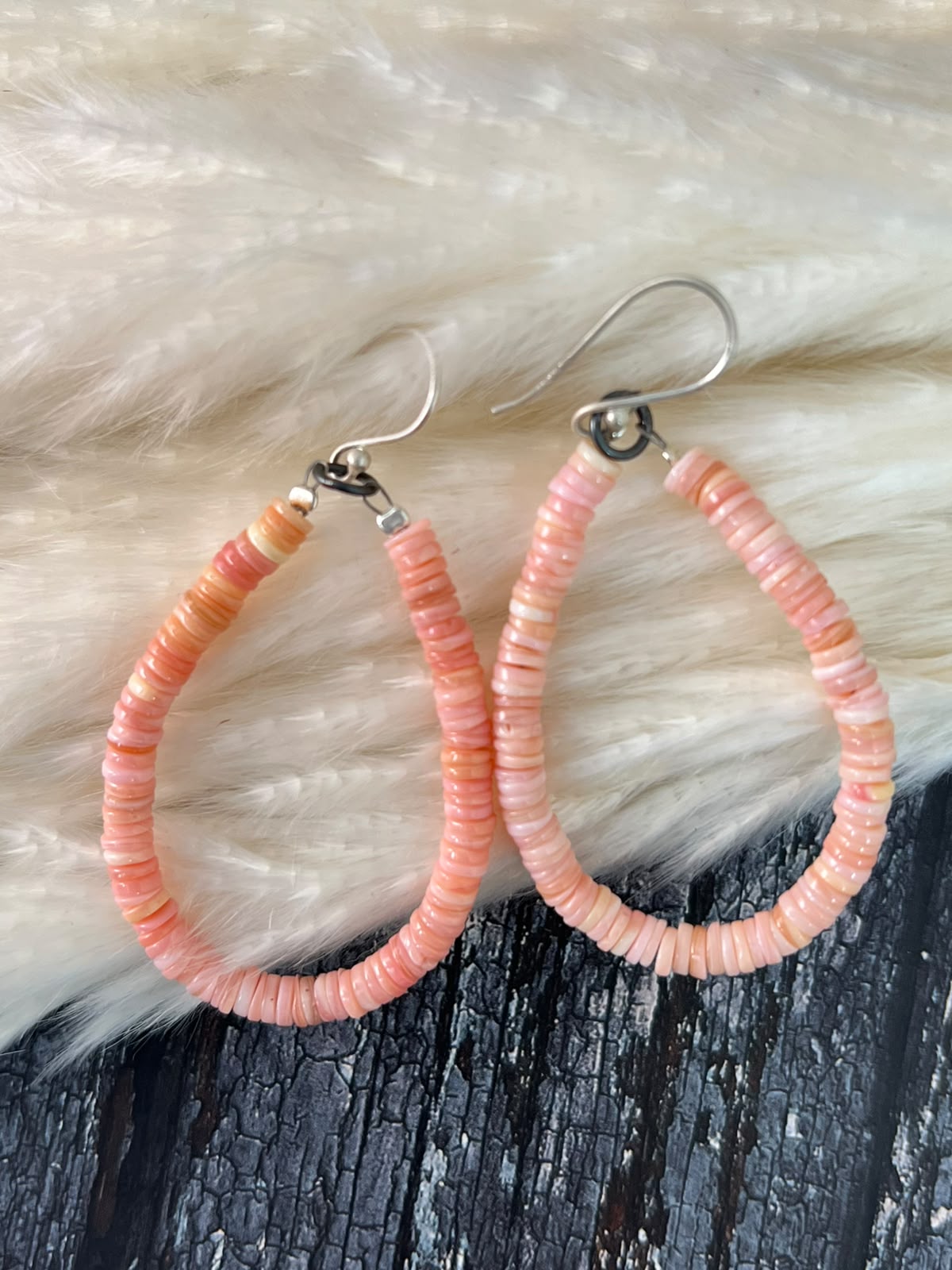 Handmade Sterling Silver Queen Pink Conch Collection: Beaded Hook Dangle Earrings (3)