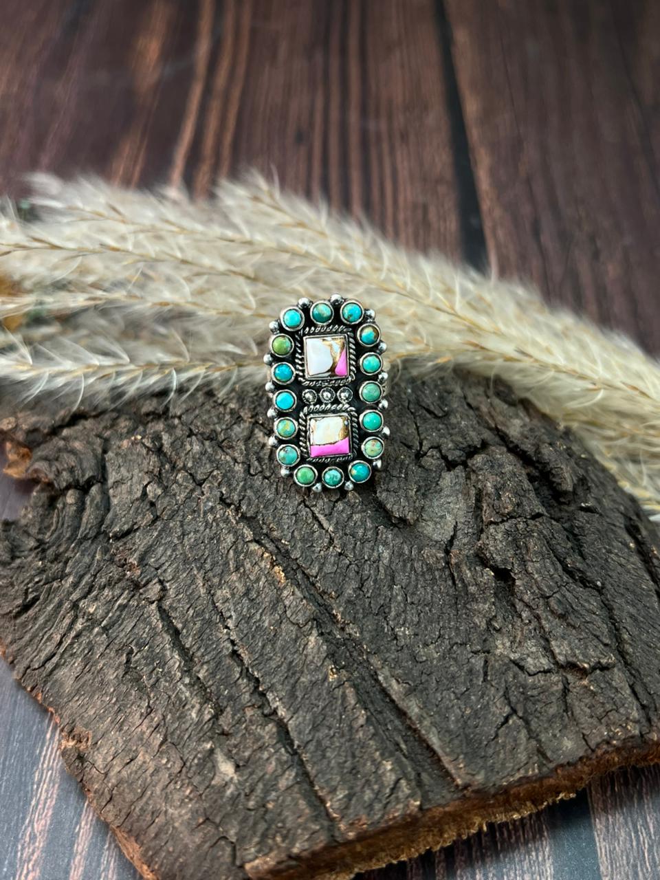 Handmade Sterling Silver Kingman Turquoise with Cotton Candy Adjustable Ring "Signed Nizhoni"