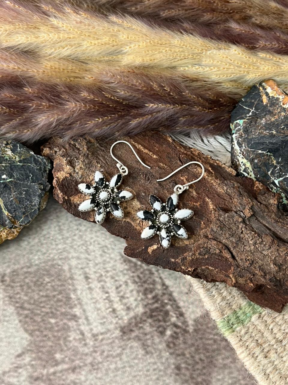 Handmade Sterling Silver White Buffalo Hook Dangle Earrings "Signed Nizhoni"
