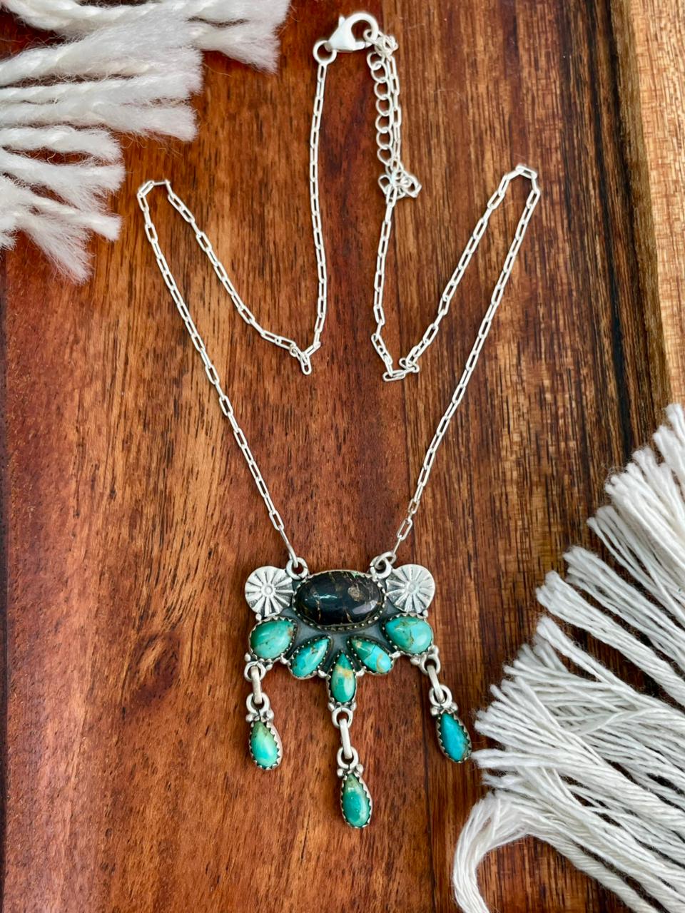 Handmade Sterling Silver Blackjack with Kingman Turquoise Necklace "Signed Nizhoni"