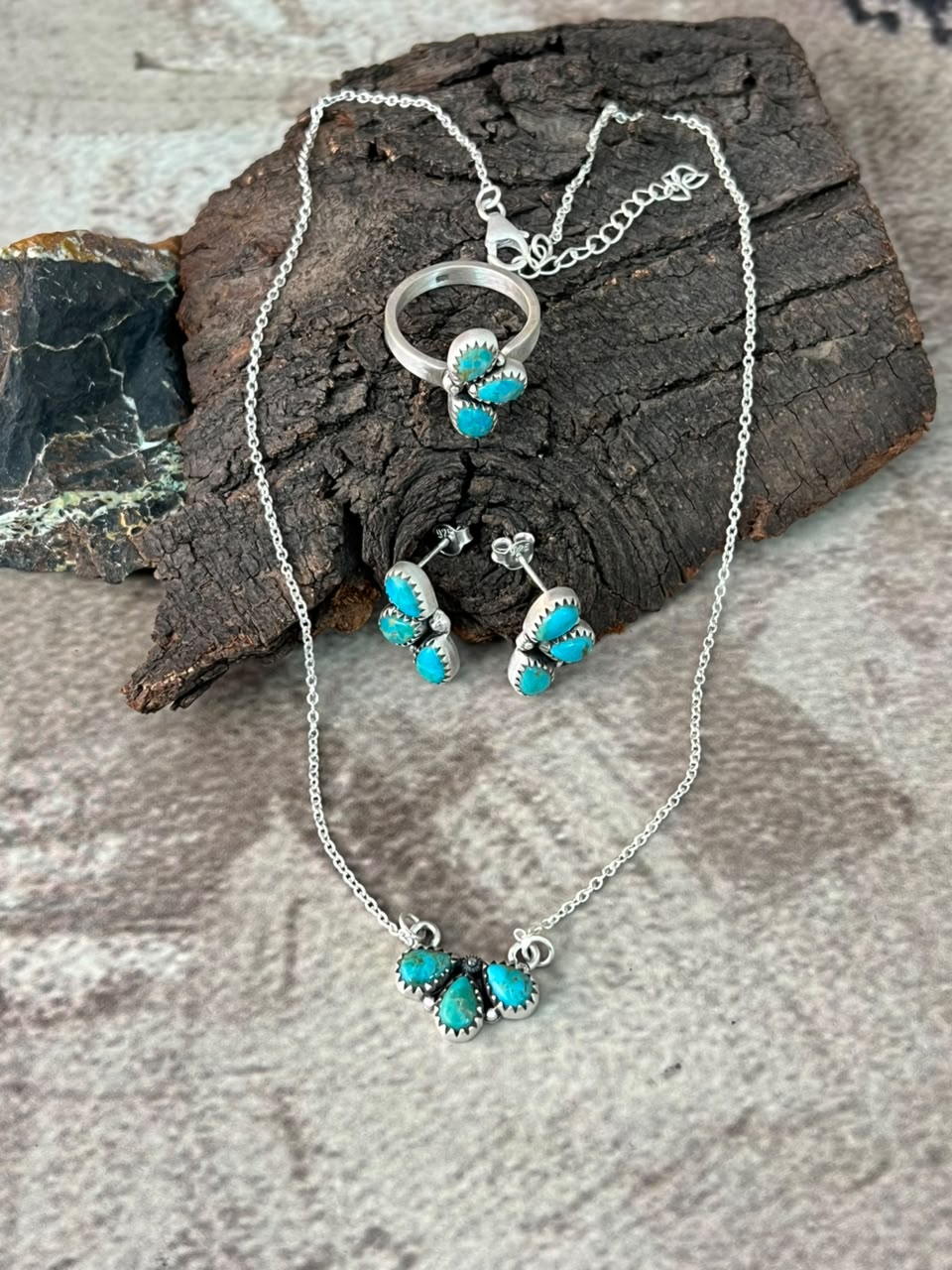 Handmade Sterling Silver Kingman Turquoise Necklace Ring and Earrings Set Signed Nizhoni