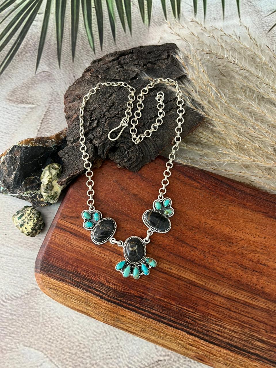 Handmade Sterling Silver Blackjack with Kingman Turquoise Necklace "Signed Nizhoni"