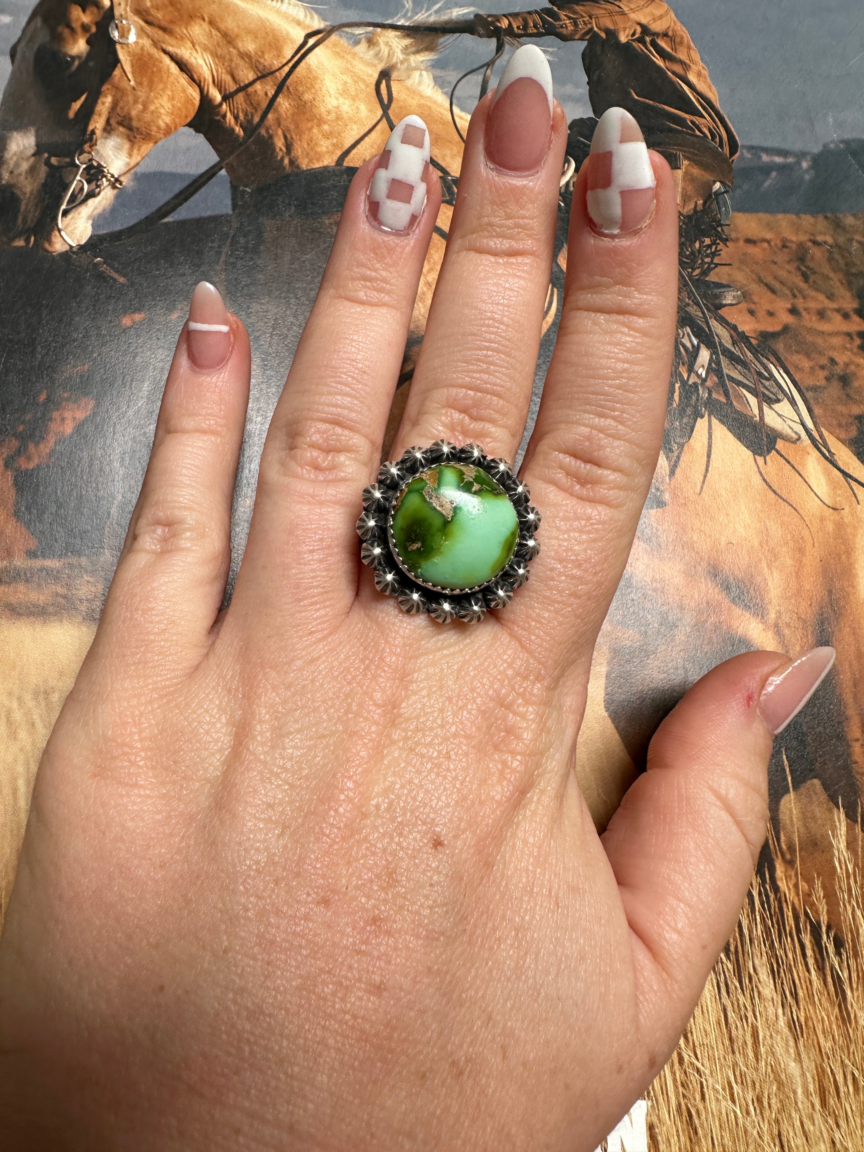 Beautiful Handmade Sonoran Turquoise And Sterling Silver Adjustable Single Stone Ring ROUND