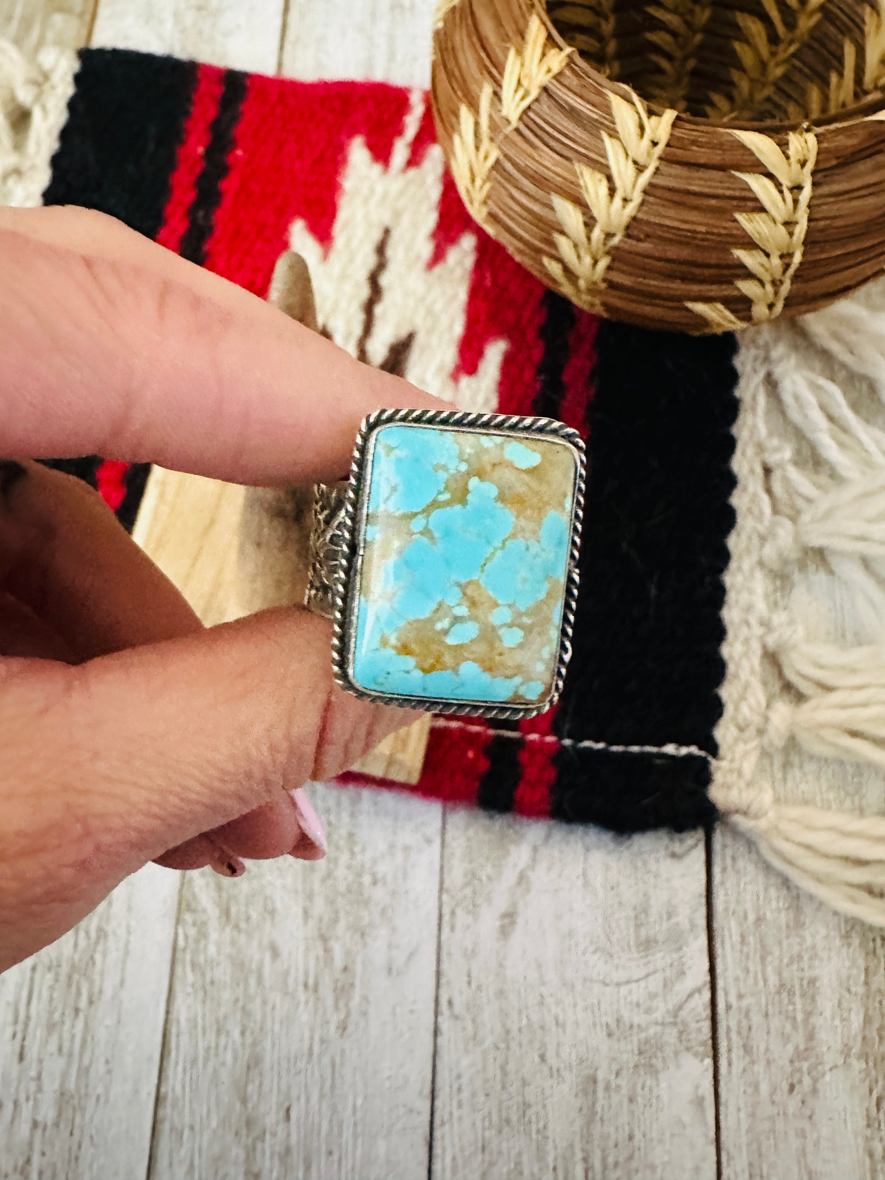 Handcrafted Sterling Silver & Turquoise Cigar Band Ring Size 12