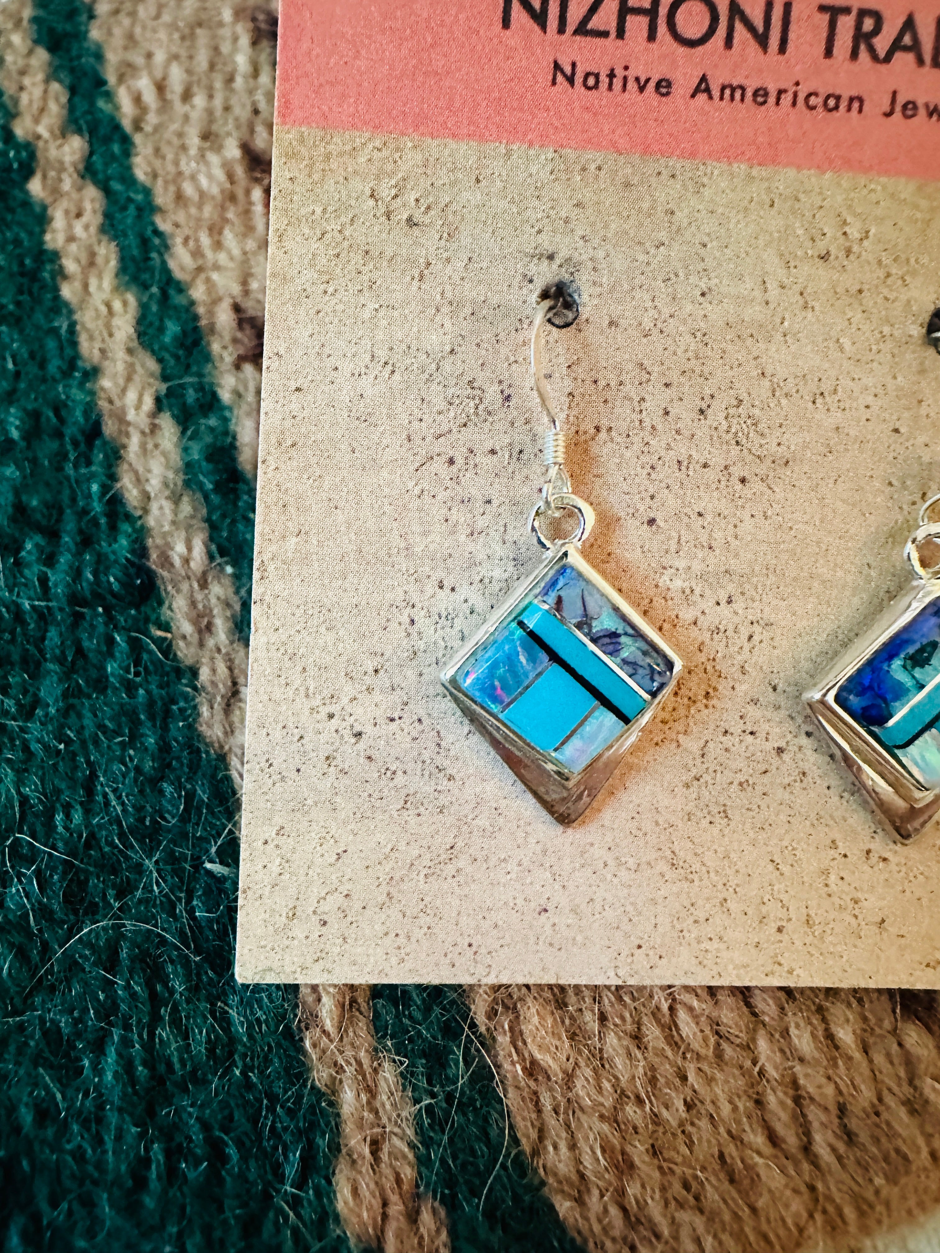 Navajo Sterling Silver & Multi Stone Inlay Dangle Earrings