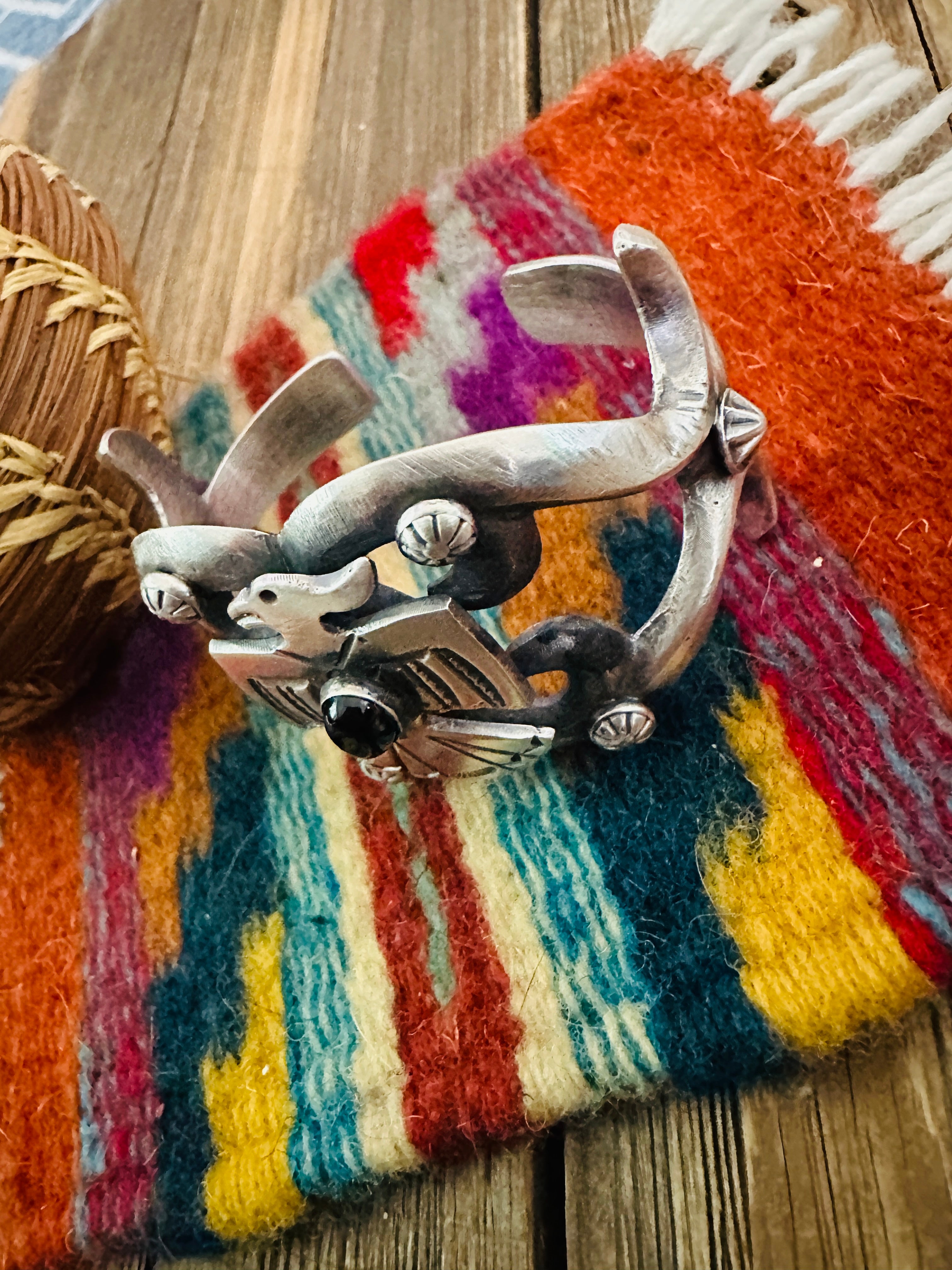 Handcrafted Sterling Silver & Onyx Oyster Thunderbird Cuff Bracelet by Chimney Butte