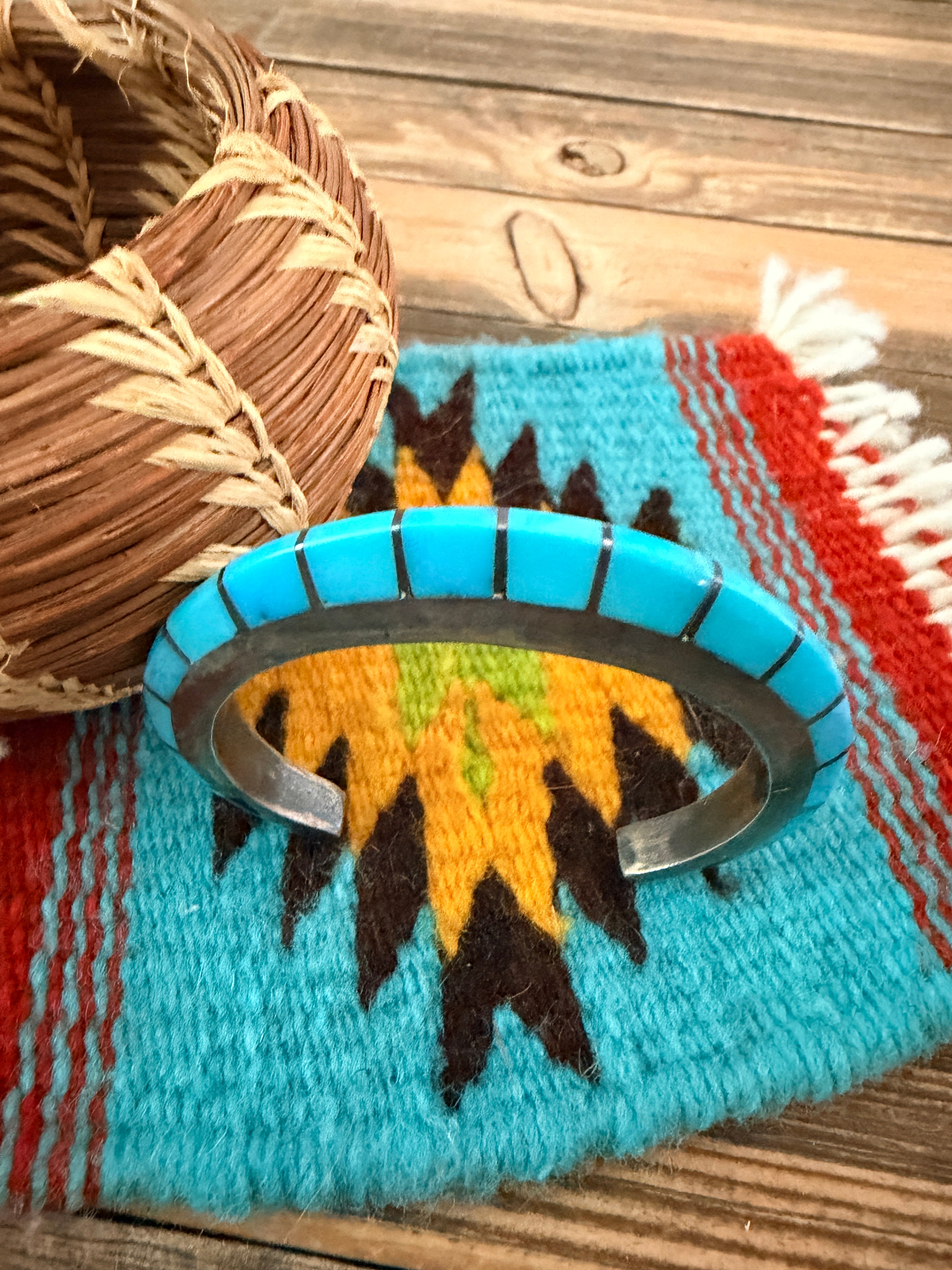 Handcrafted Old Pawn Sterling Silver & Turquoise Raised Inlay Cuff Bracelet