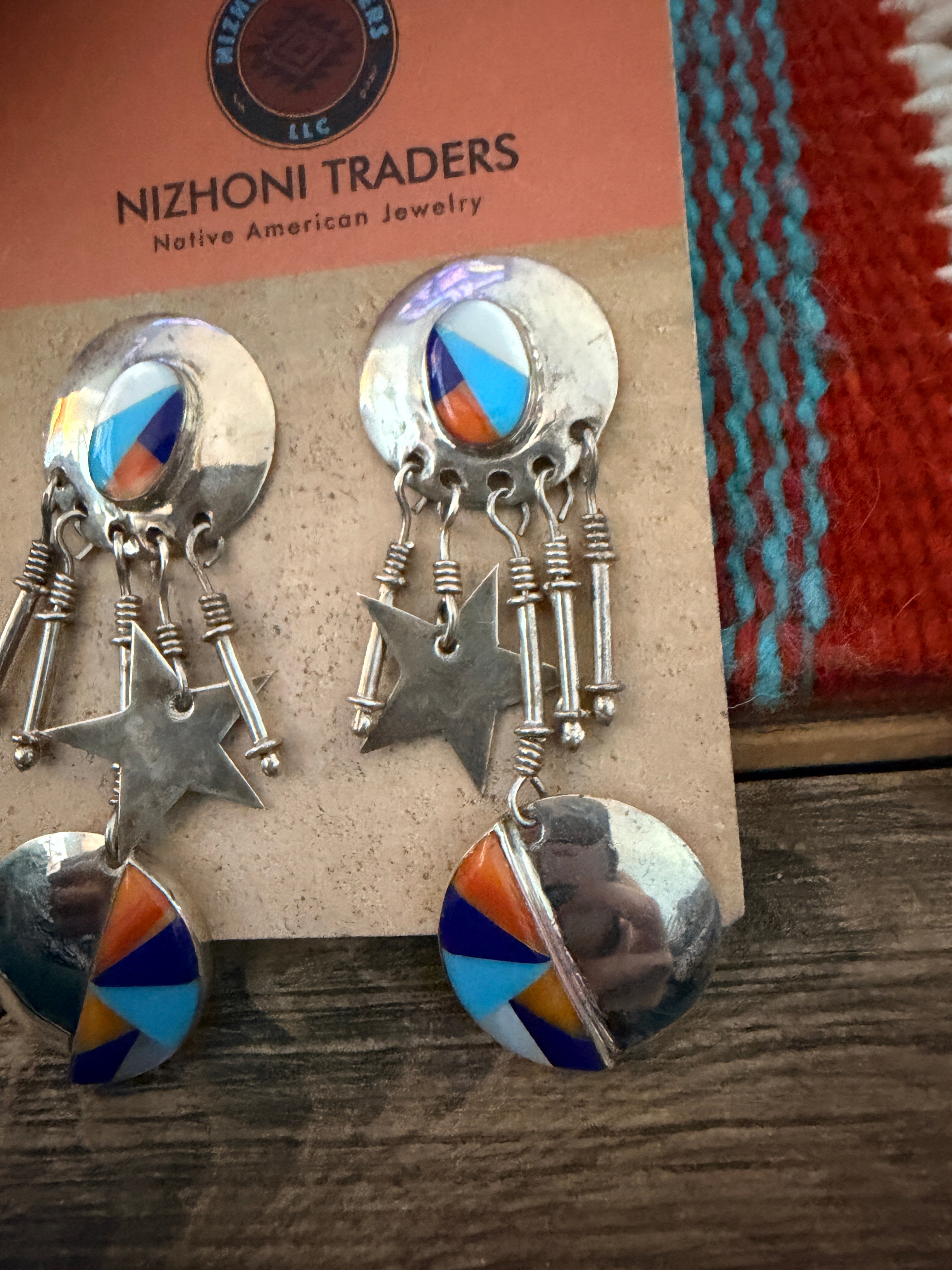 Old Pawn Handcrafted Sterling Silver & Multi Stone Dangle Earrings
