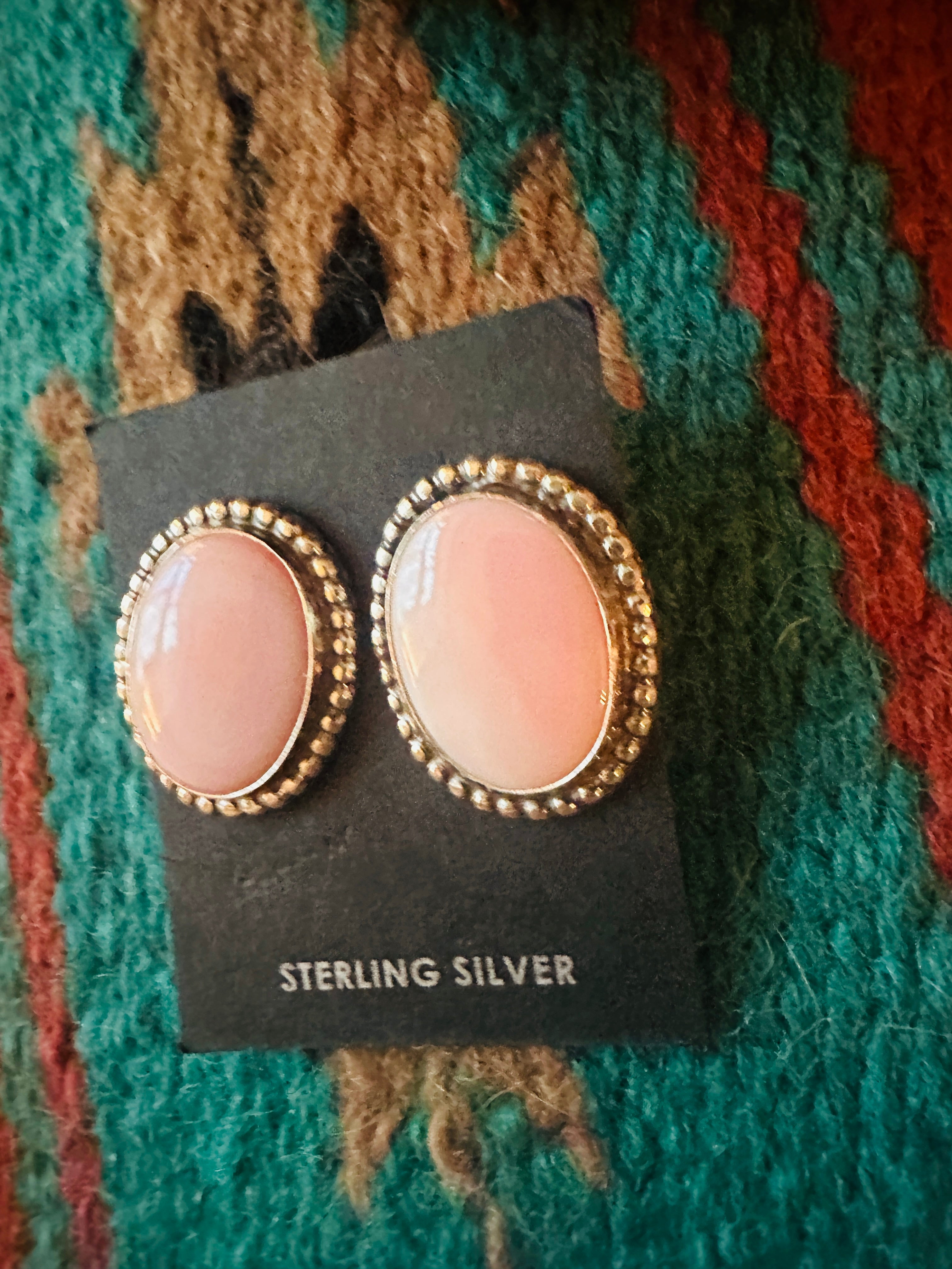 Navajo Sterling Silver & Queen Pink Conch Oval Post Earrings