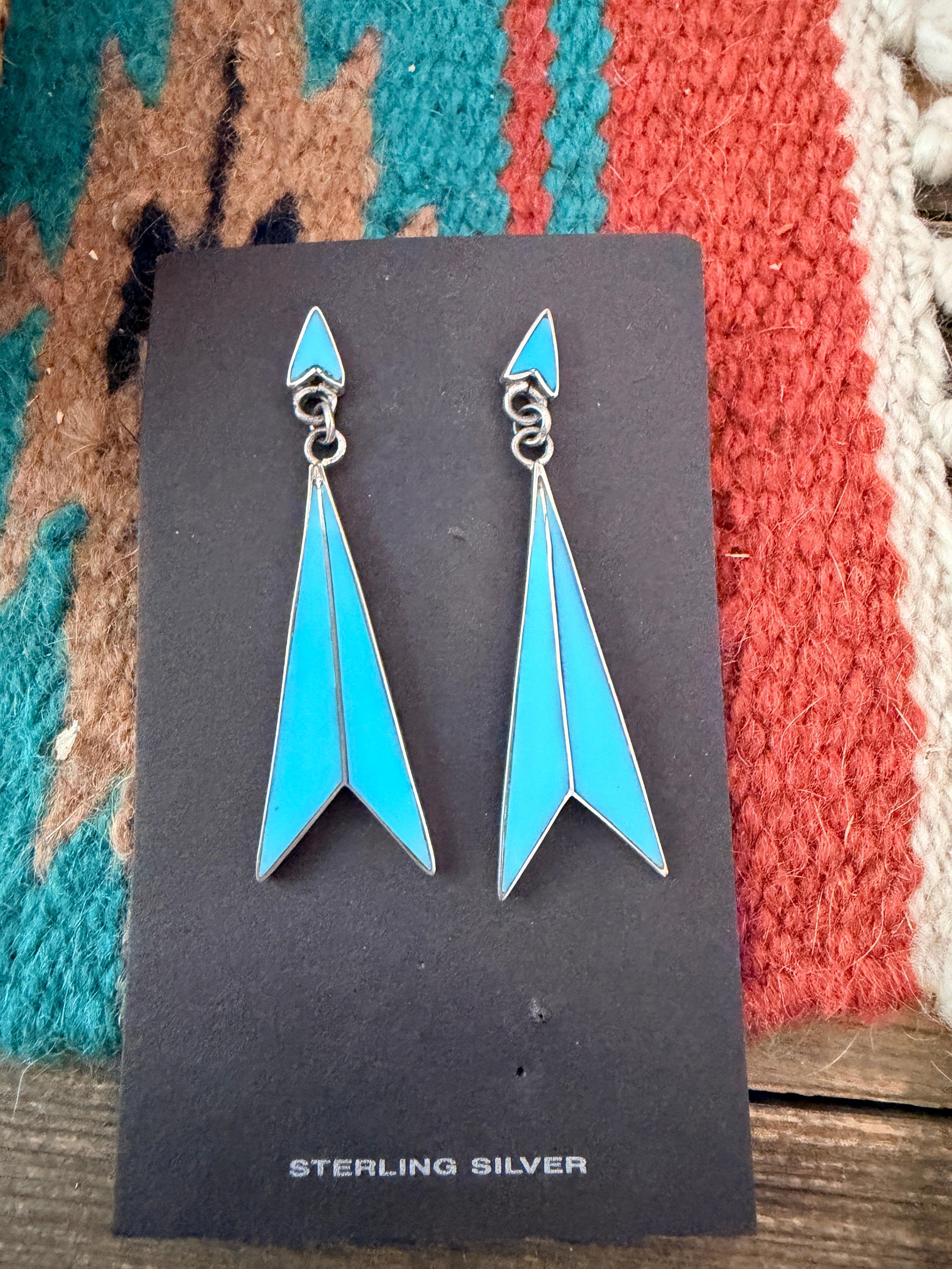 Old Pawn Handcrafted Sterling Silver & Turquoise Inlay Dangle Earrings