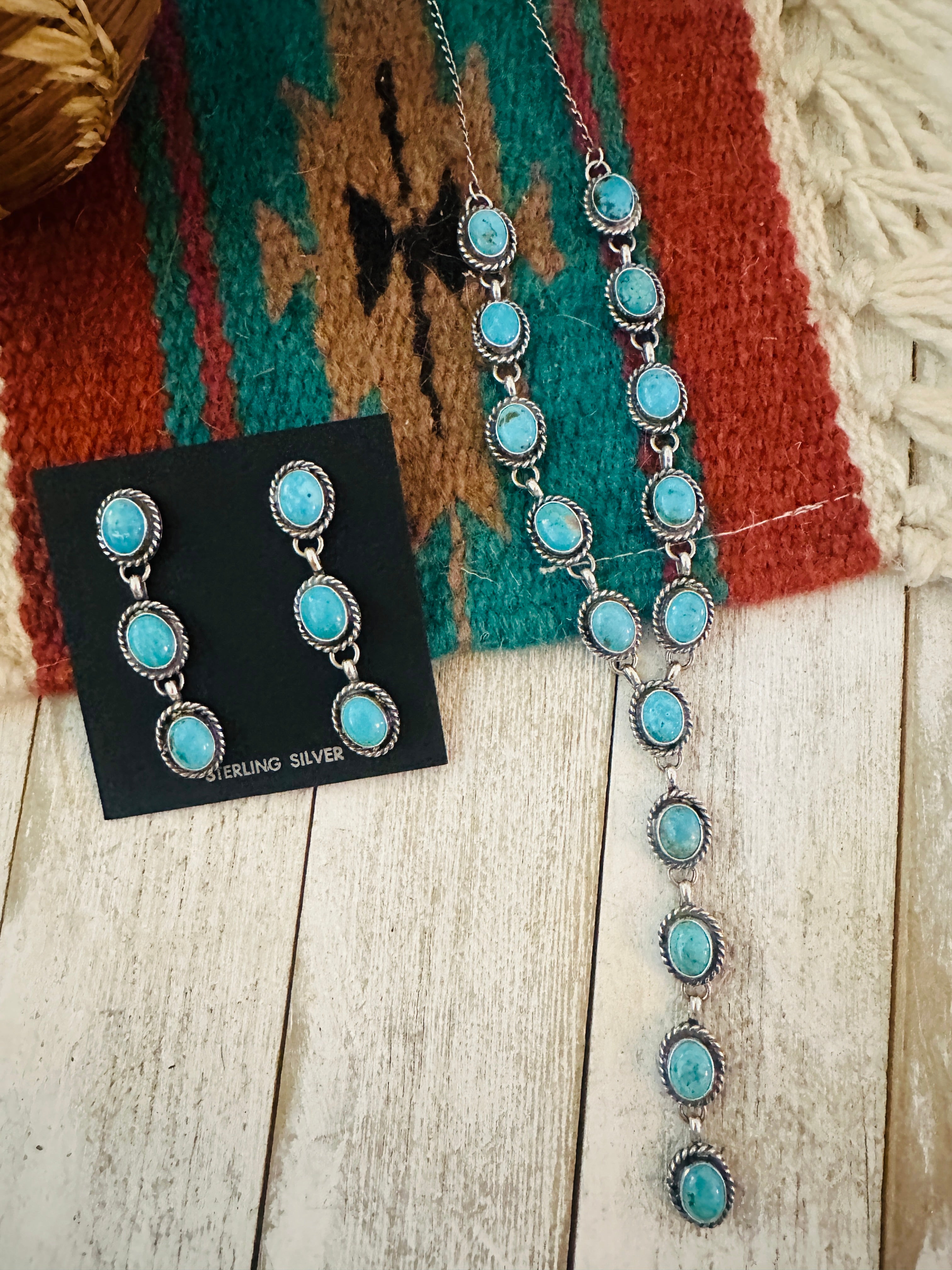 Navajo Sterling Silver & Turquoise Lariat Necklace Set