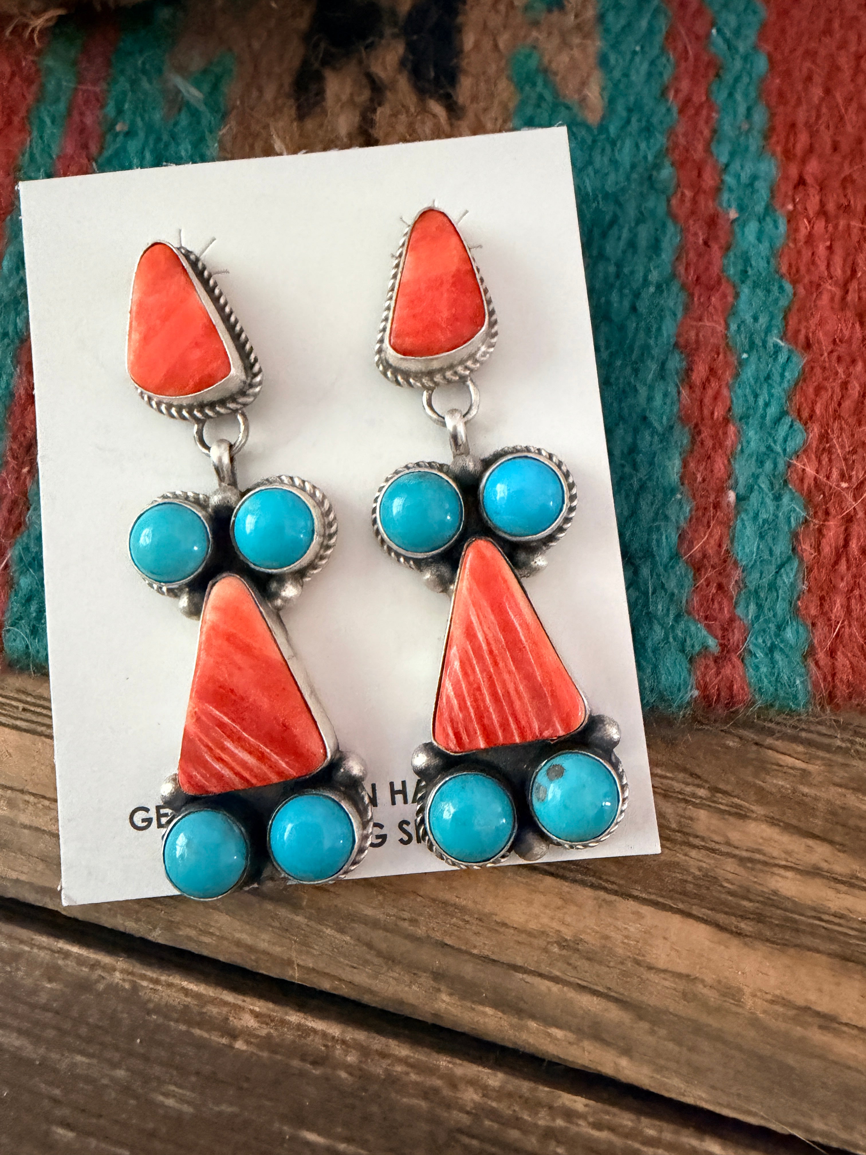 Handcrafted Sterling Silver, Turquoise & Spiny Oyster Dangle Earrings