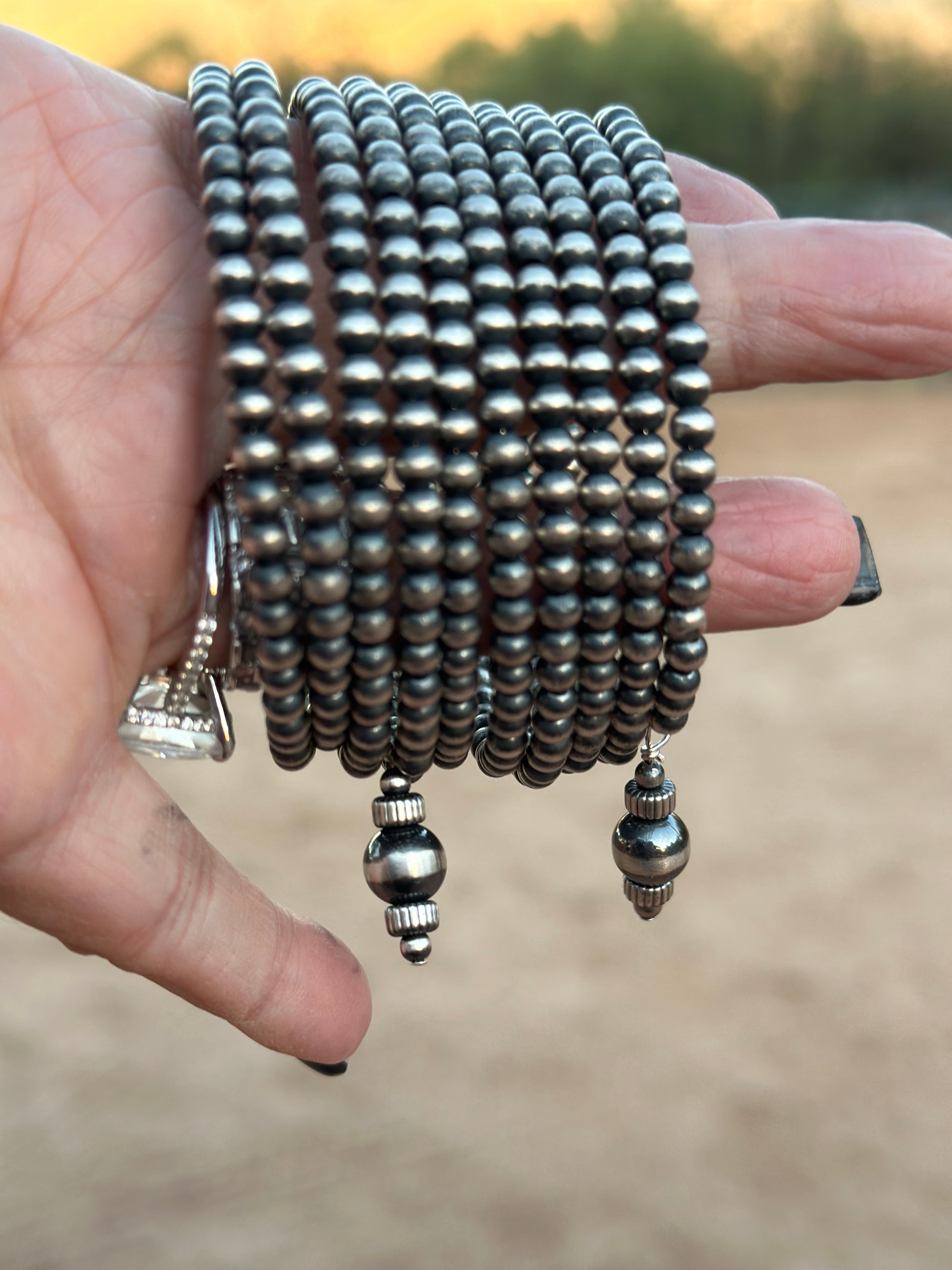 Navajo Sterling Silver Pearl Beaded Wrap Bracelet