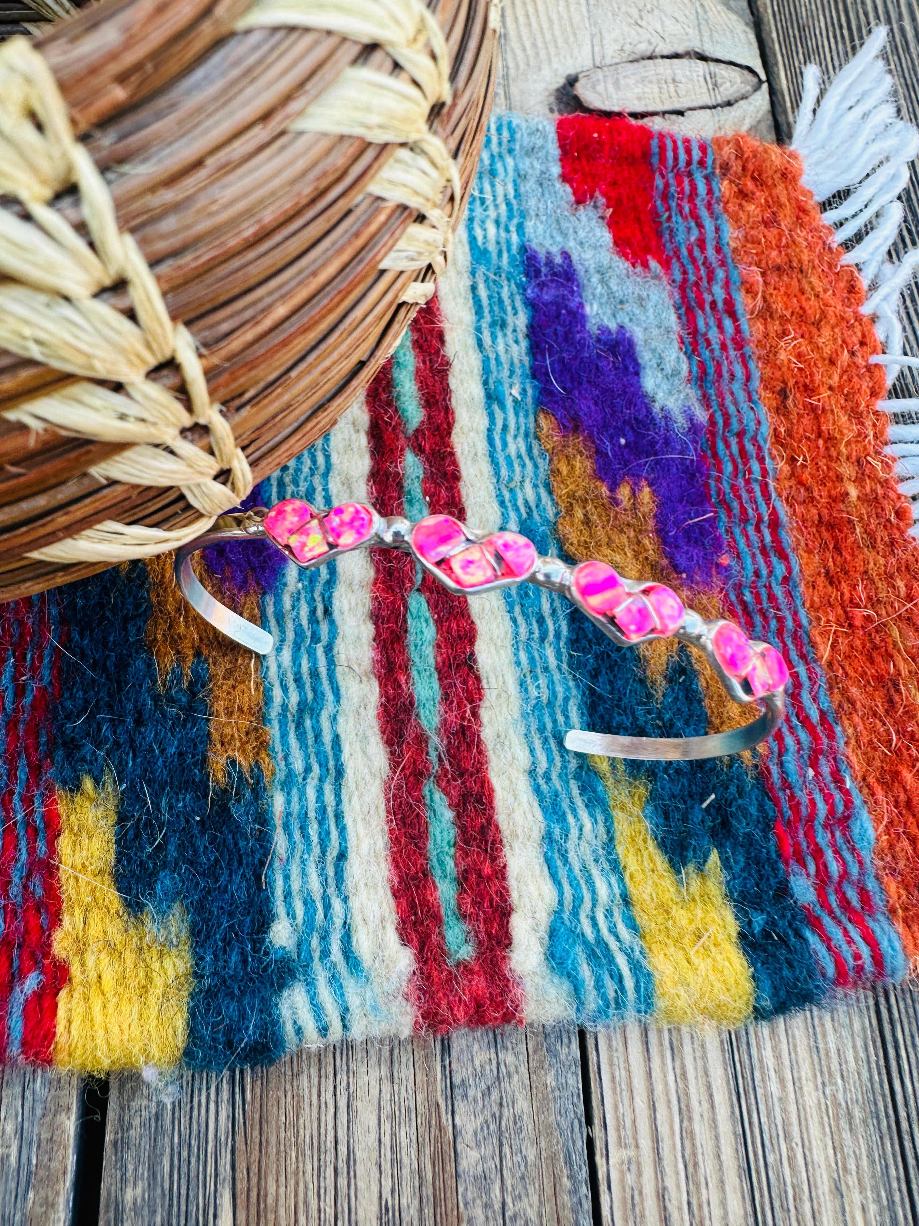 Handcrafted Sterling Silver & Pink Opal Heart Inlay Cuff Bracelet