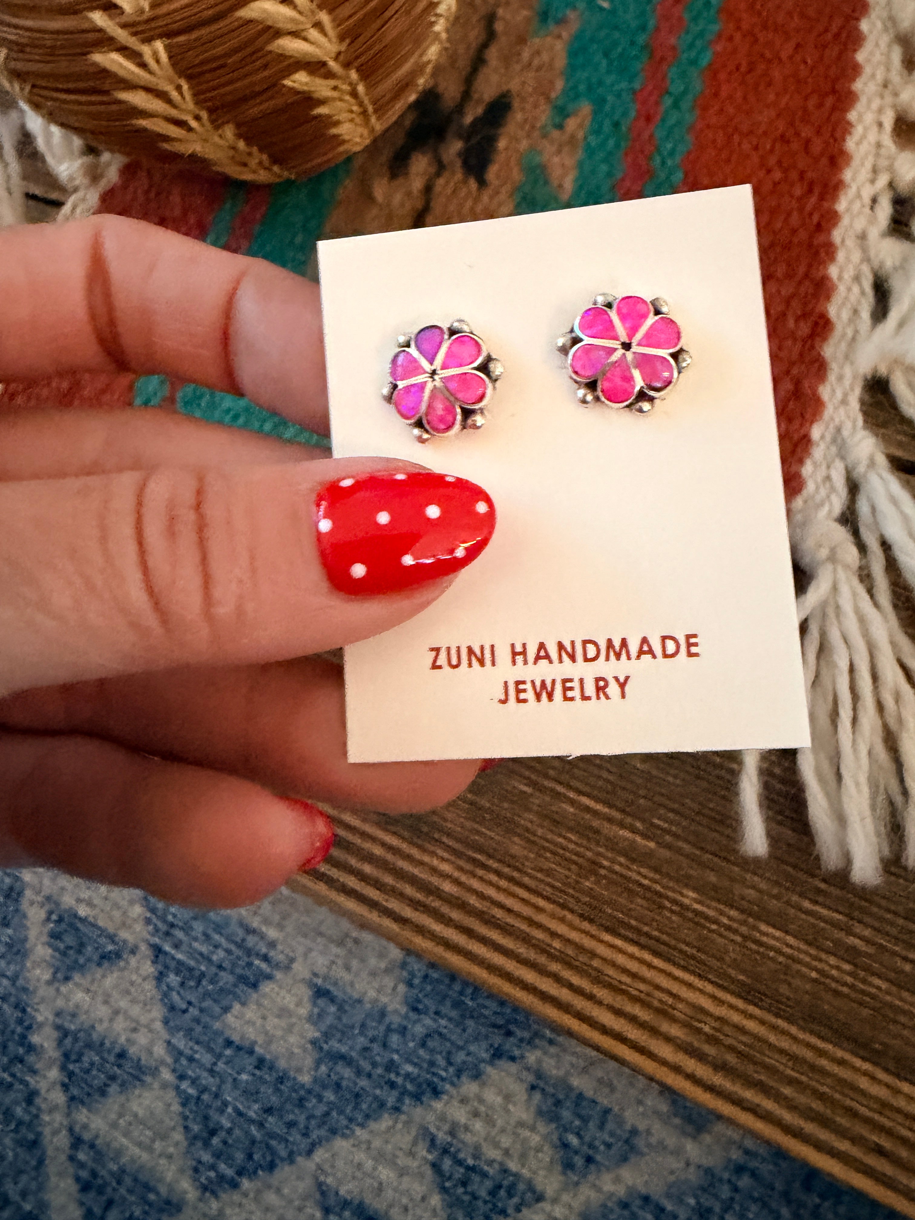 Handcrafted Sterling Silver & Pink Opal Flower Stud Earrings