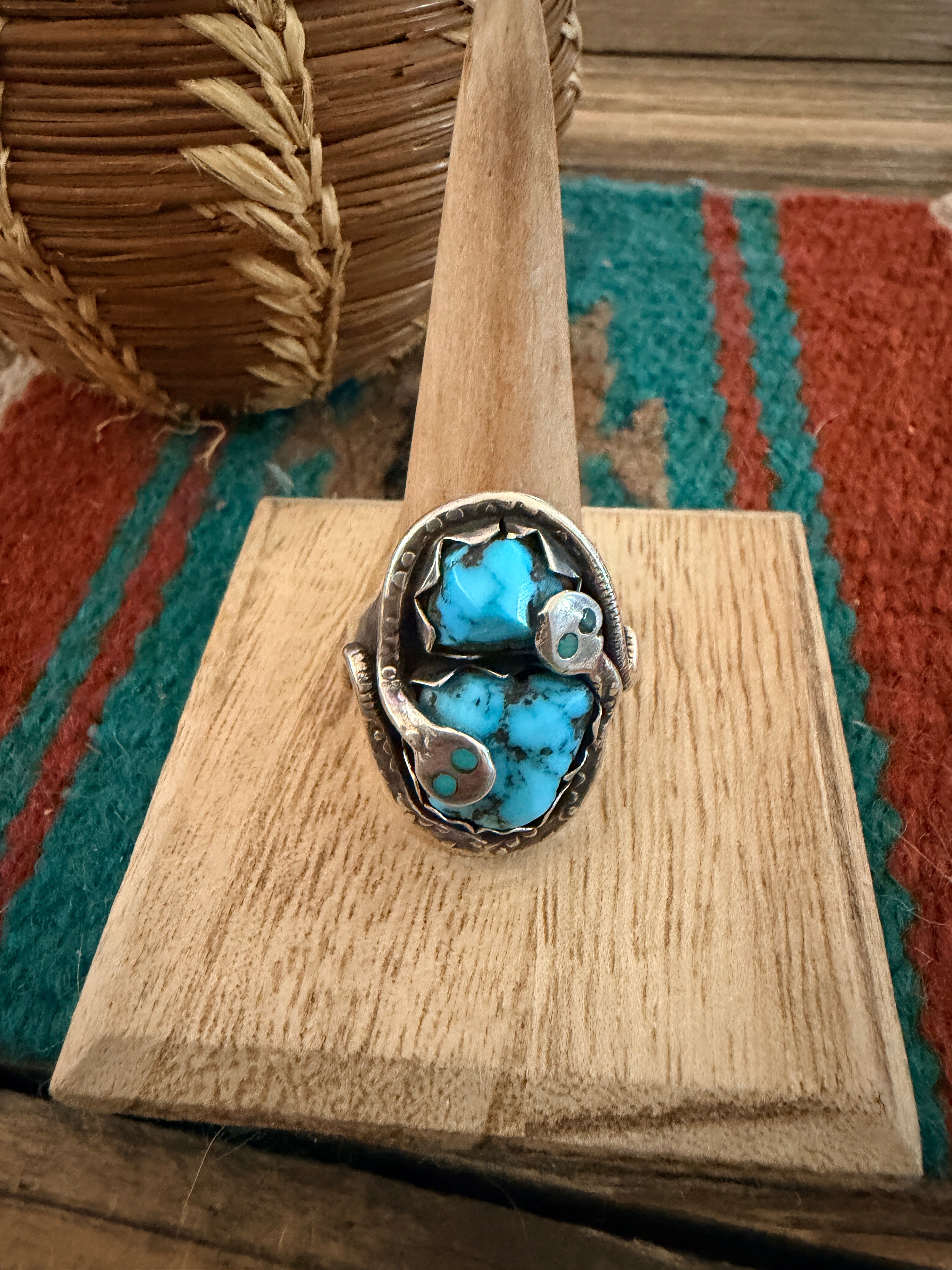 Old Pawn Handcrafted Turquoise & Sterling Silver Snake Ring Size 11.5 by Effie Calavaza