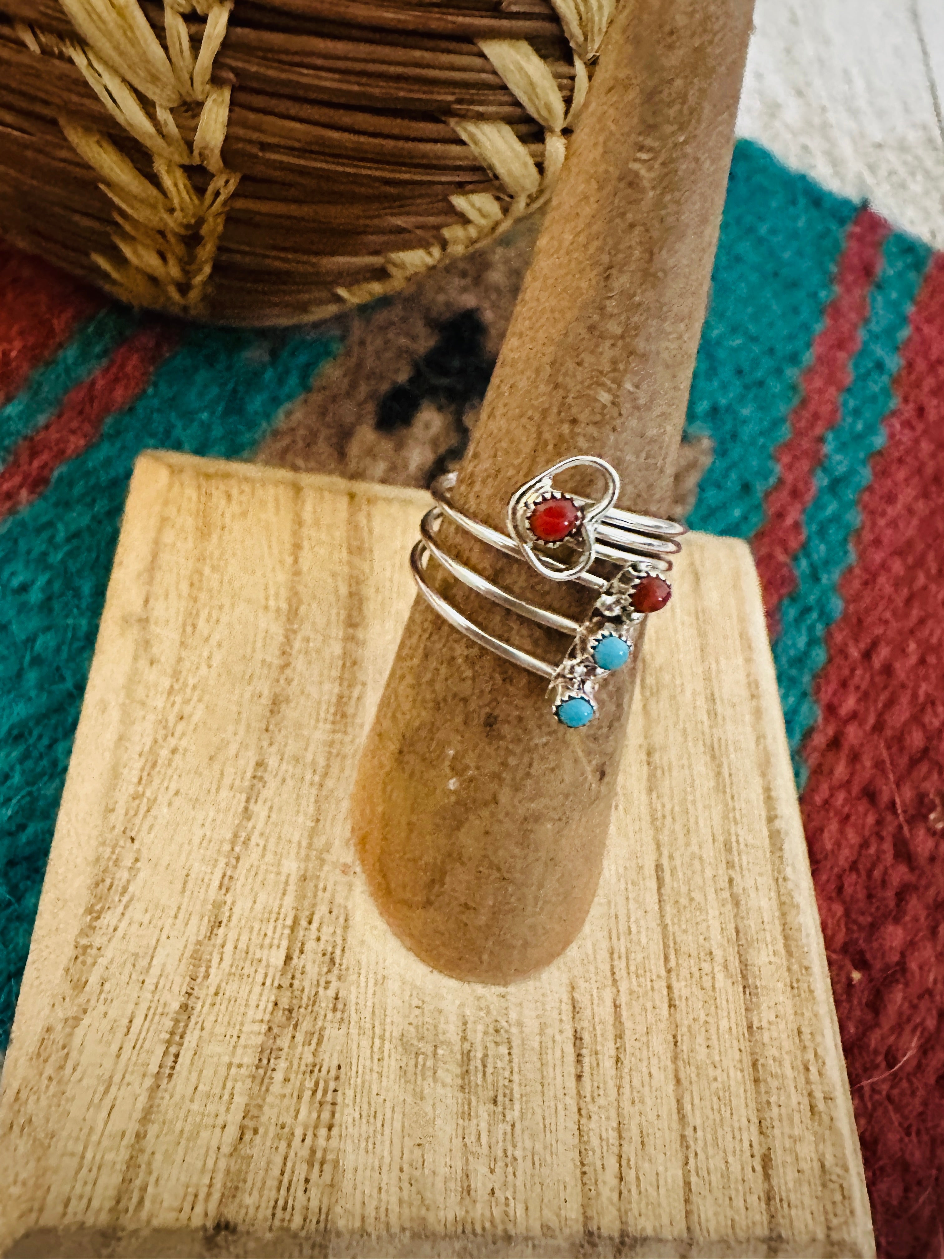 Zuni Turquoise, Coral & Sterling Silver Heart Adjustable Ring