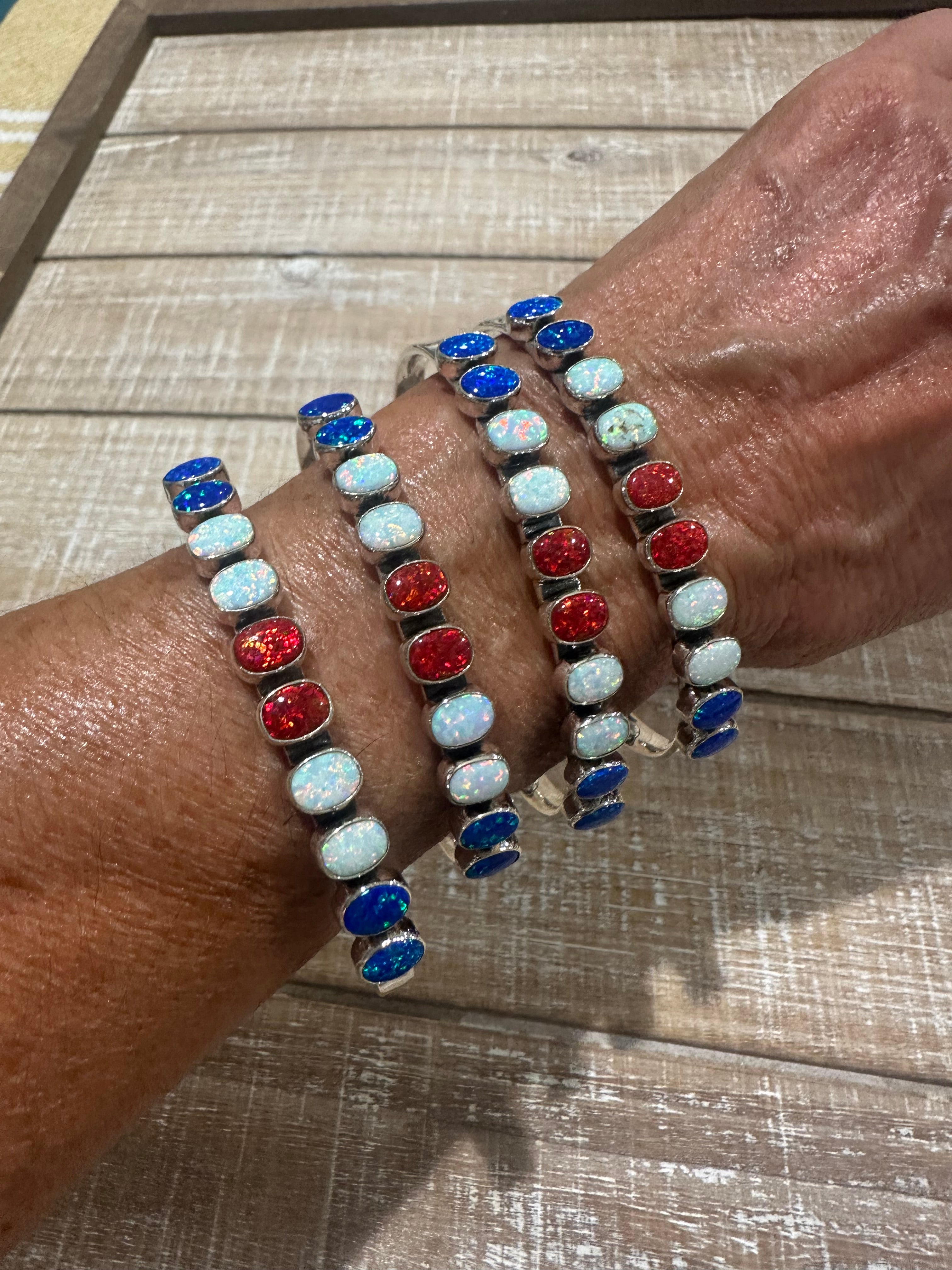 Handmade Sterling Silver 4th Of July Collection: Coral with Lapis and White Buffalo Cuff Bracelet