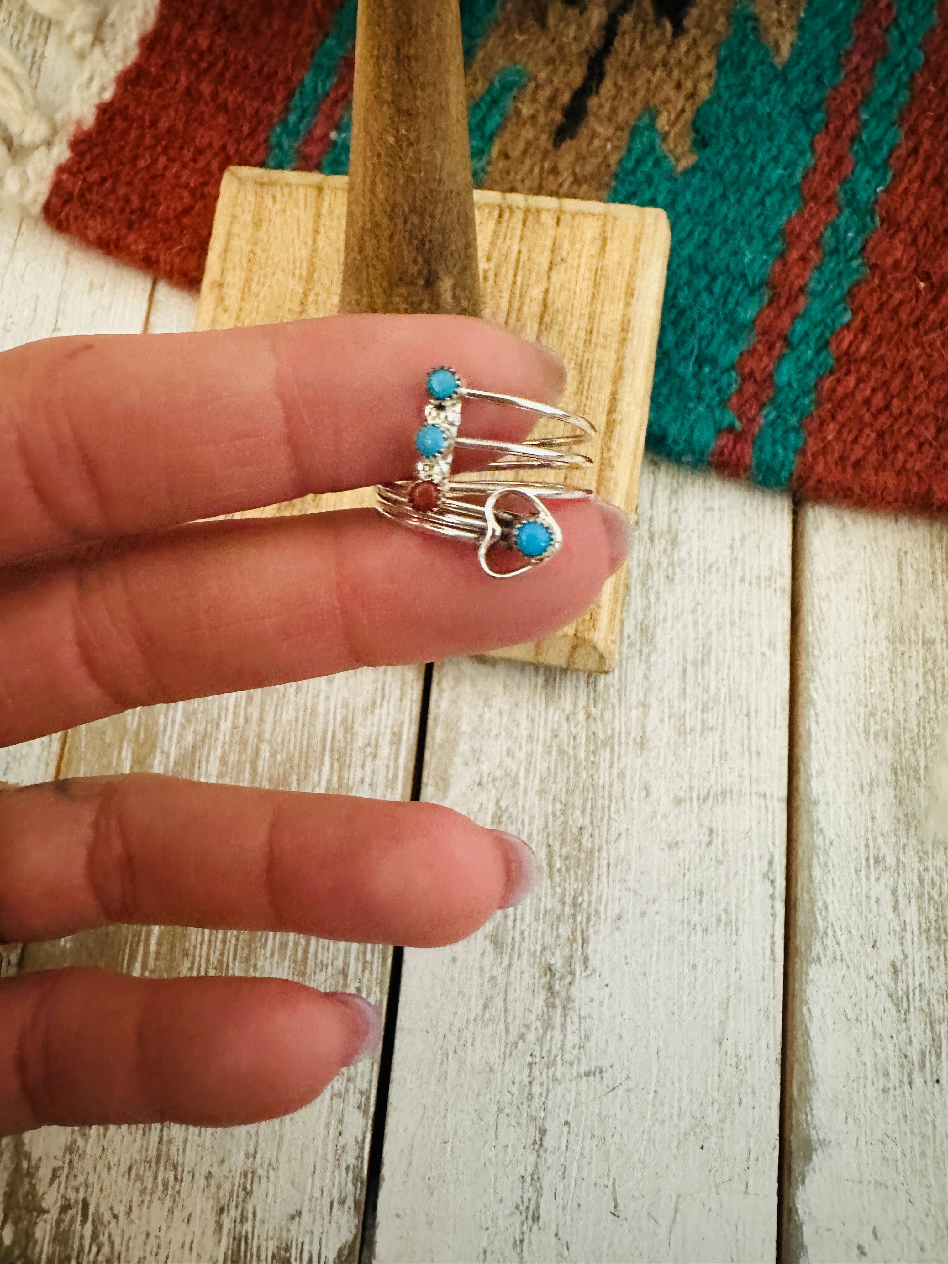 Zuni Turquoise, Coral & Sterling Silver Heart Adjustable Ring